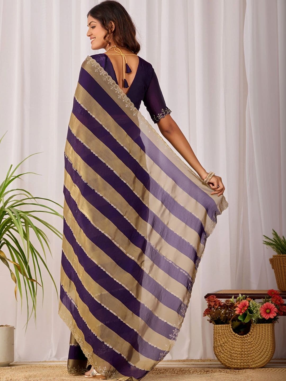 K 5 Fashion Striped Zari Satin Fusion Ikat Saree thumbnail 7