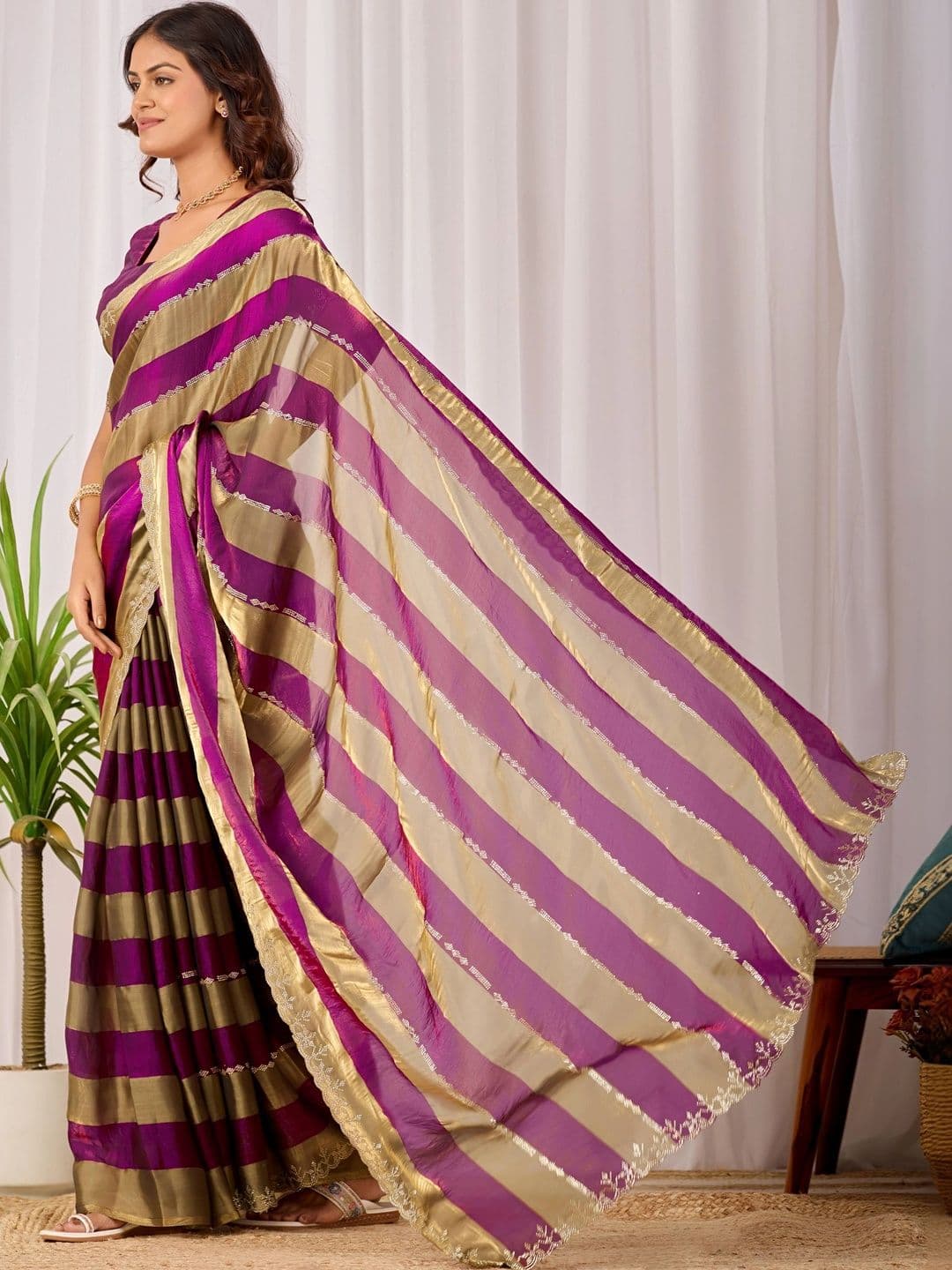 K 5 Fashion Striped Zari Satin Fusion Ikat Saree thumbnail 2