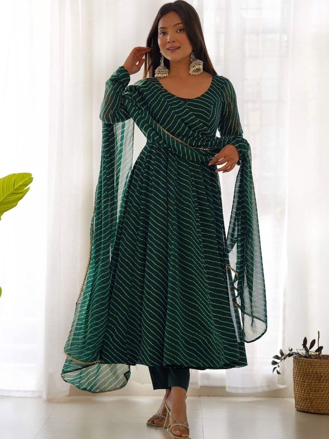 PALMIRA Women Leheriya Printed Regular Kurta with Trousers & With Dupatta - view 1