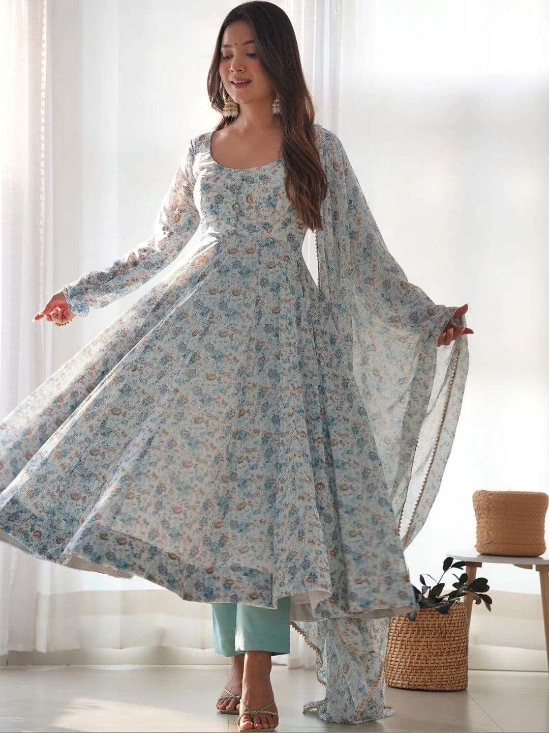 PALMIRA Women Floral Printed Empire Kurta with Trousers & With Dupatta thumbnail 6