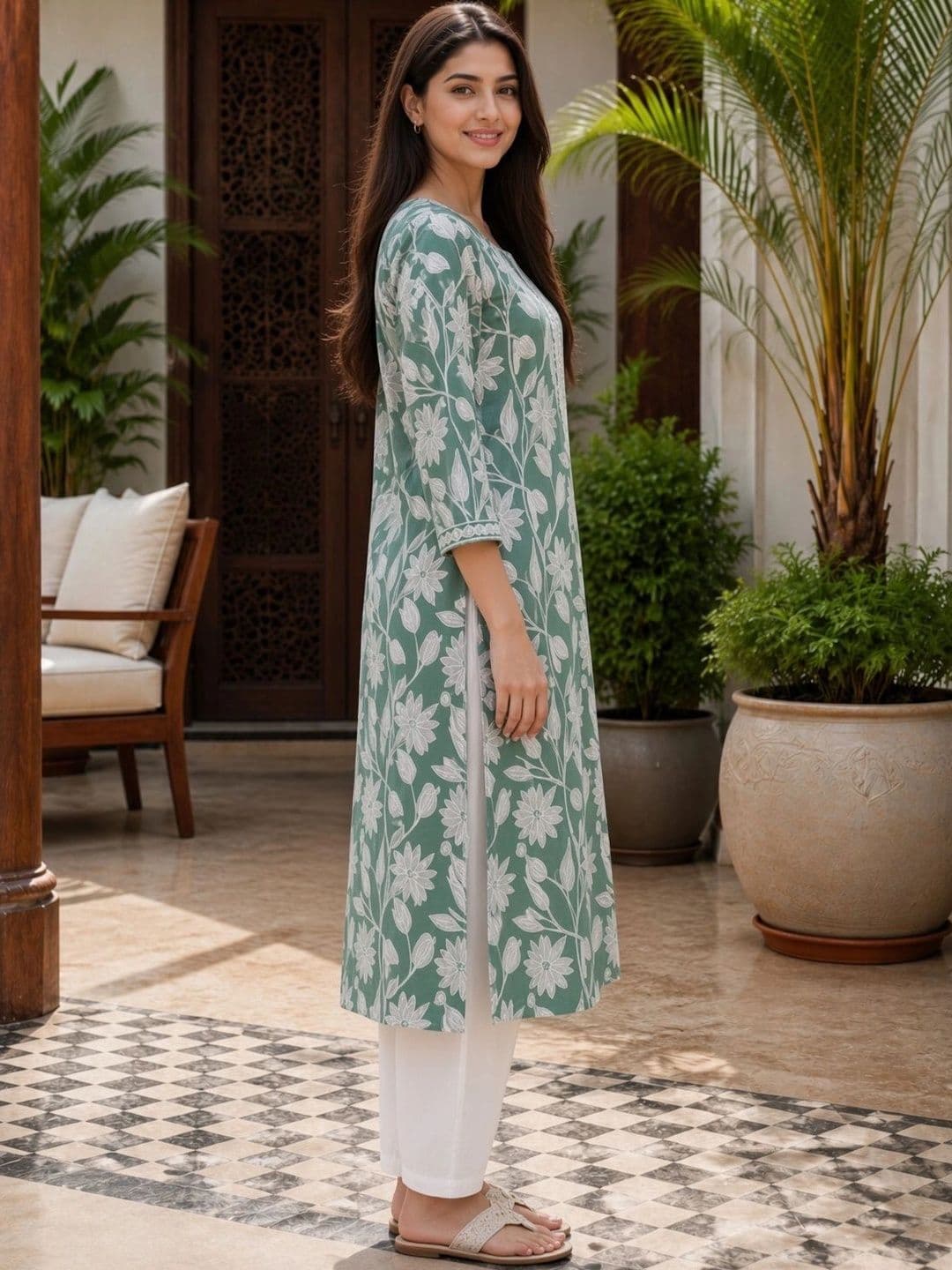Merira Floral Printed V-Neck Pure Cotton Blend Kurti thumbnail 3