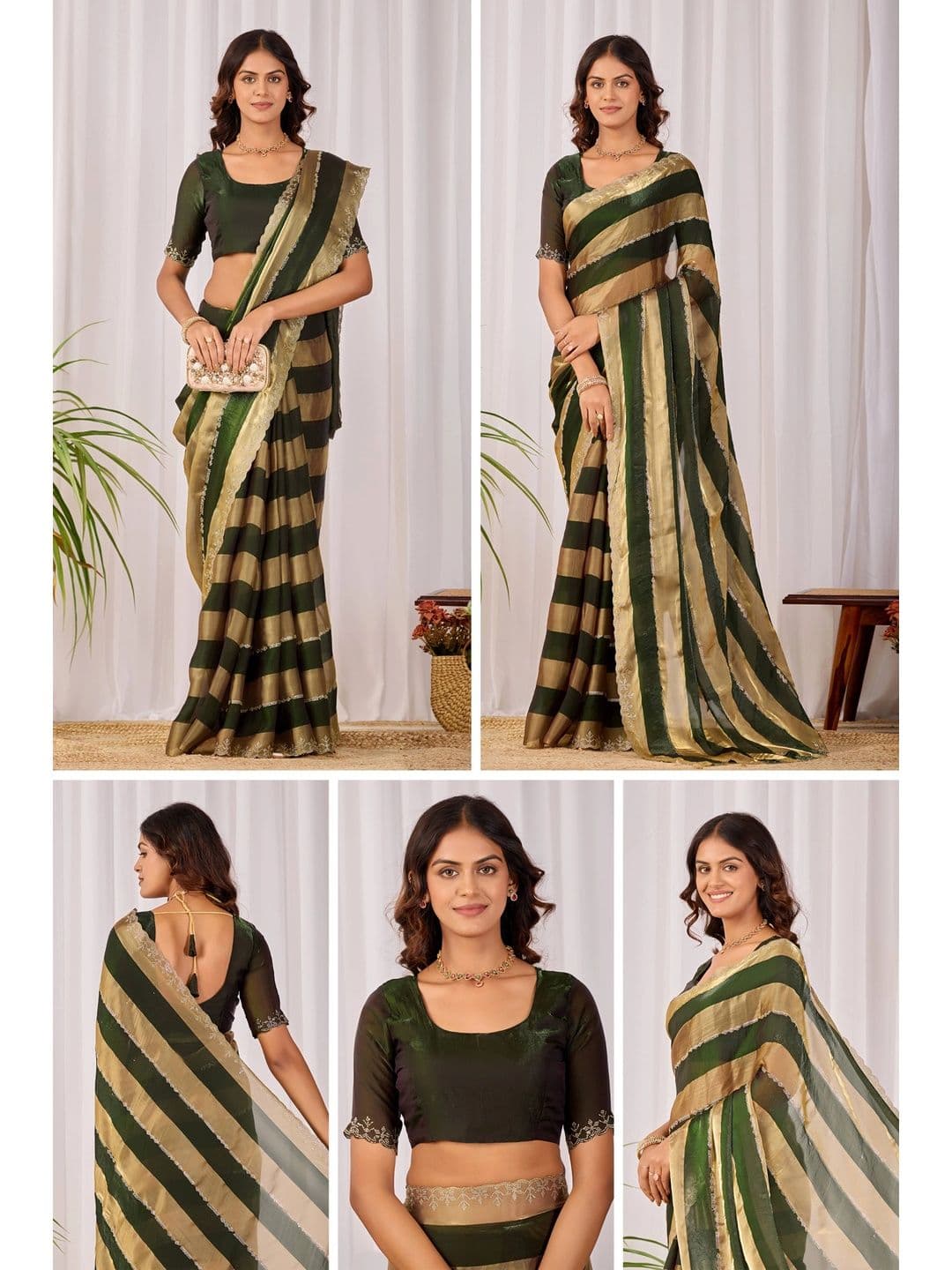 K 5 Fashion Striped Embroidered Satin Fusion Ikat Saree thumbnail 6