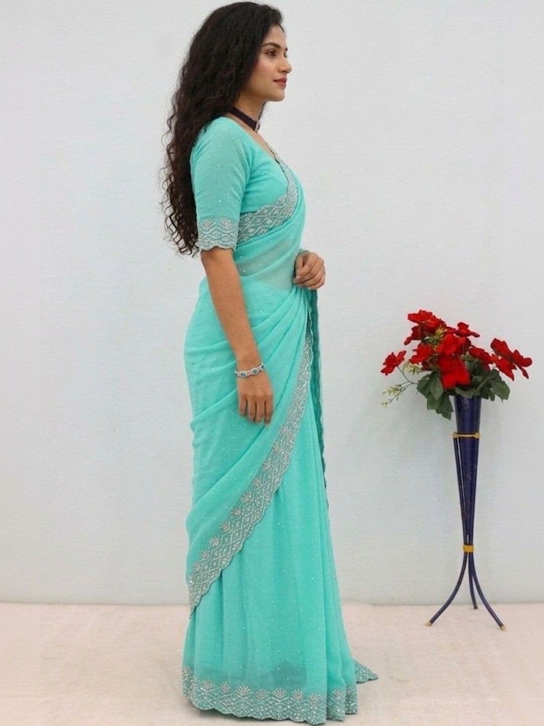 SmileyFashion Embellished Embroidered Pure Georgette Designer Saree thumbnail 5