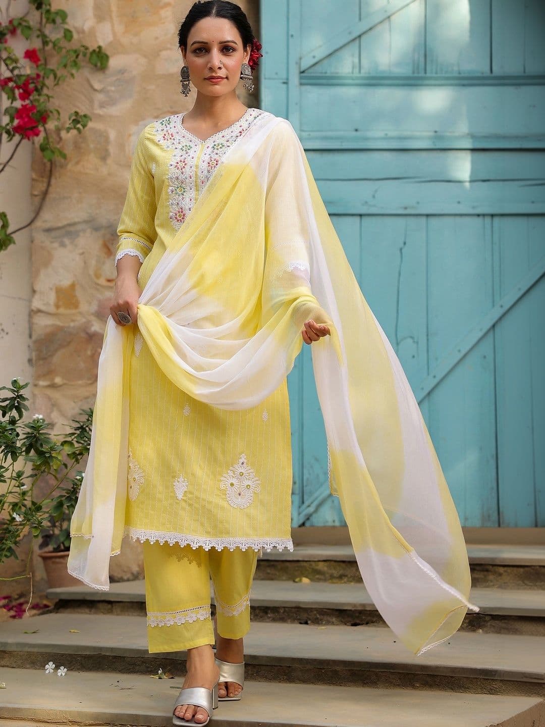Stylet Women Printed Regular Thread Work Pure Cotton Kurta with Trousers & With Dupatta - view 1