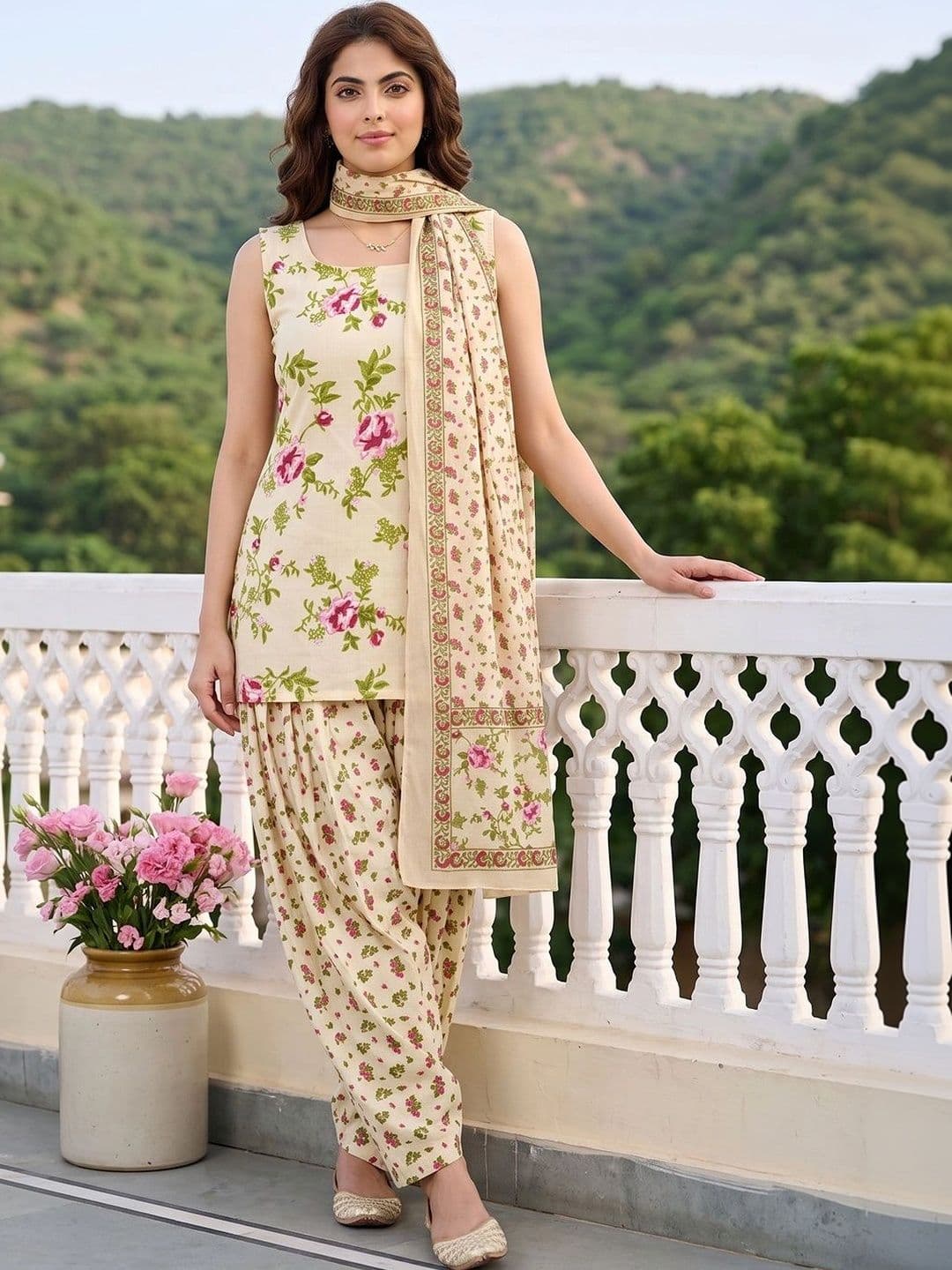 KALINI Women Floral Printed Regular Pure Cotton Kurta with Patiala & Dupatta - view 1