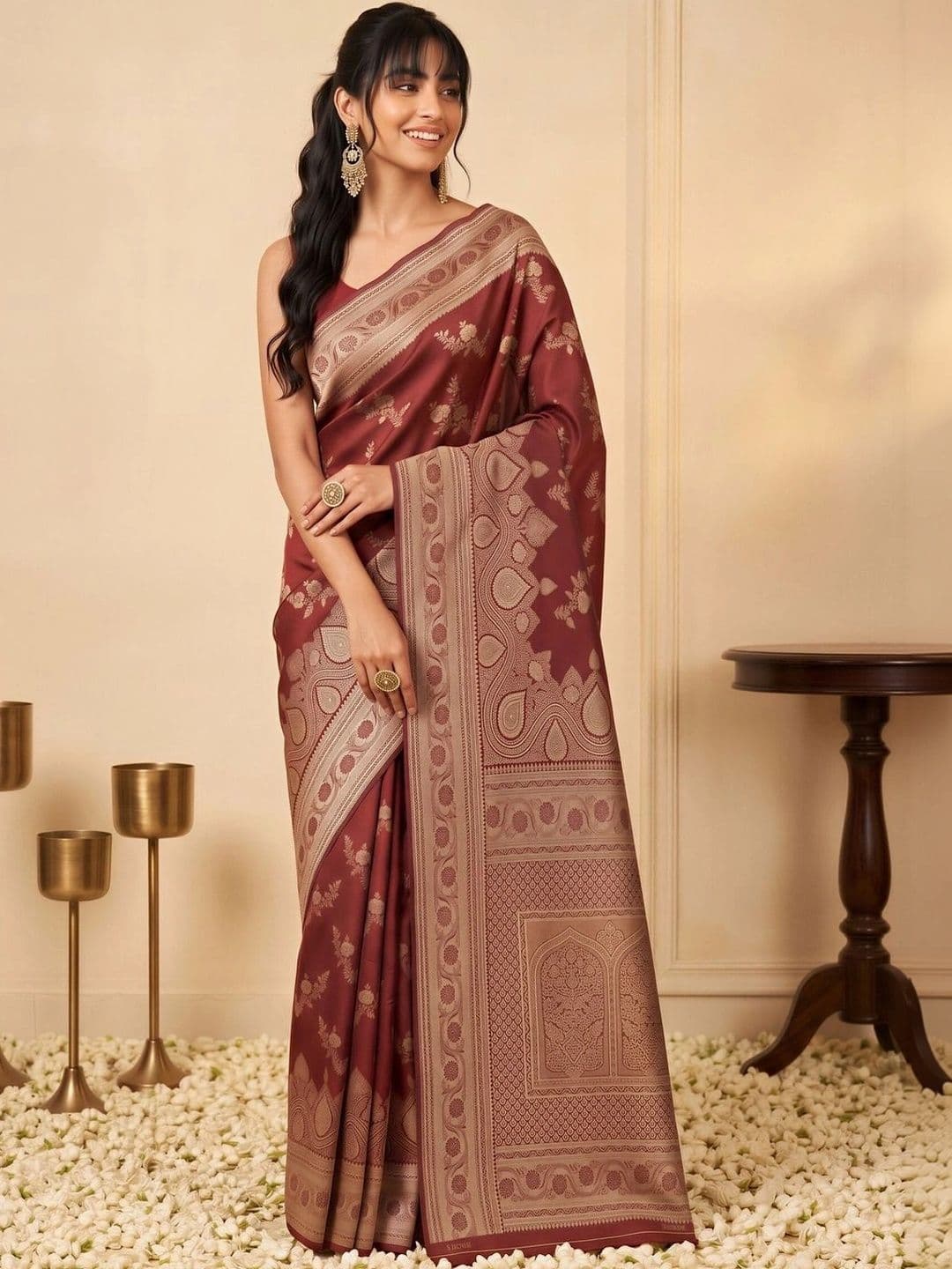 all about you Woven Design Zari Silk Blend Designer Banarasi Saree thumbnail 4