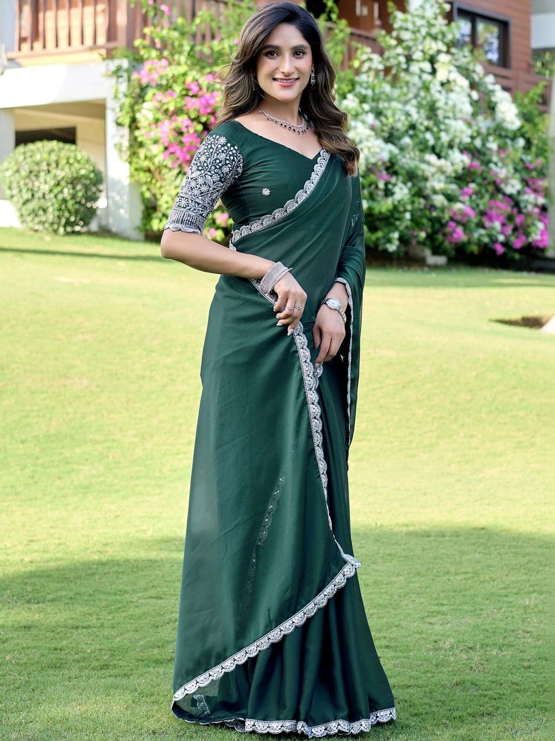 K 5 Fashion Ethnic Motifs Embroidered Pure Georgette Fusion Ikat Saree thumbnail 6