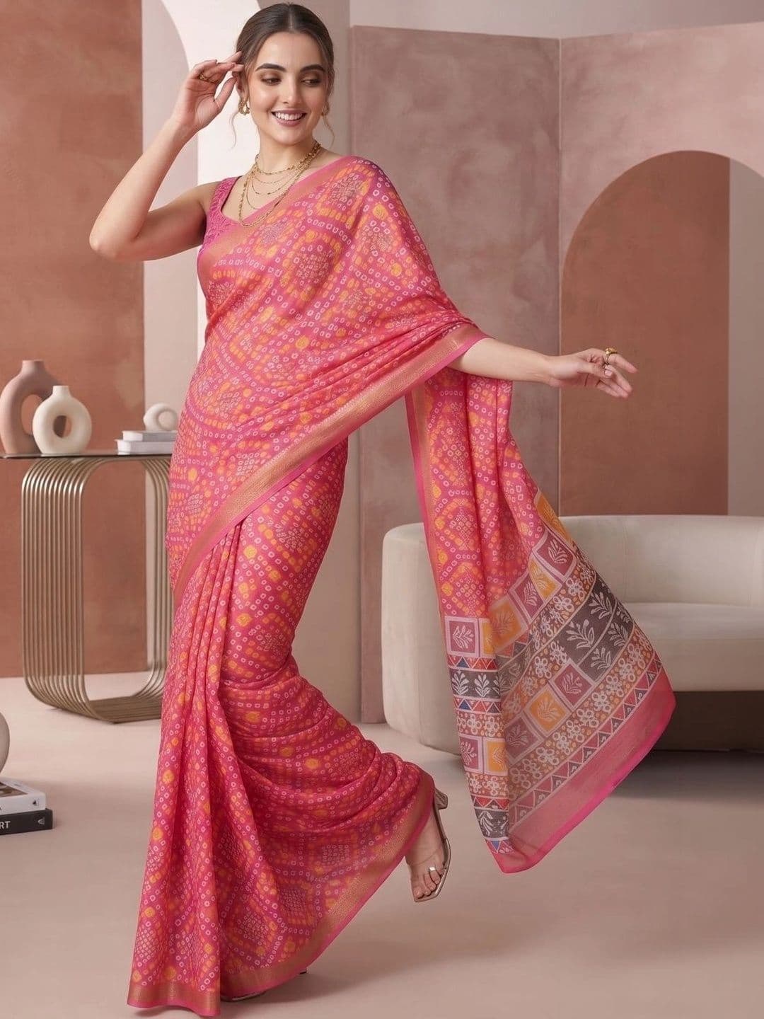 BORAD FASHION Bandhani Designer Chanderi Saree thumbnail 3
