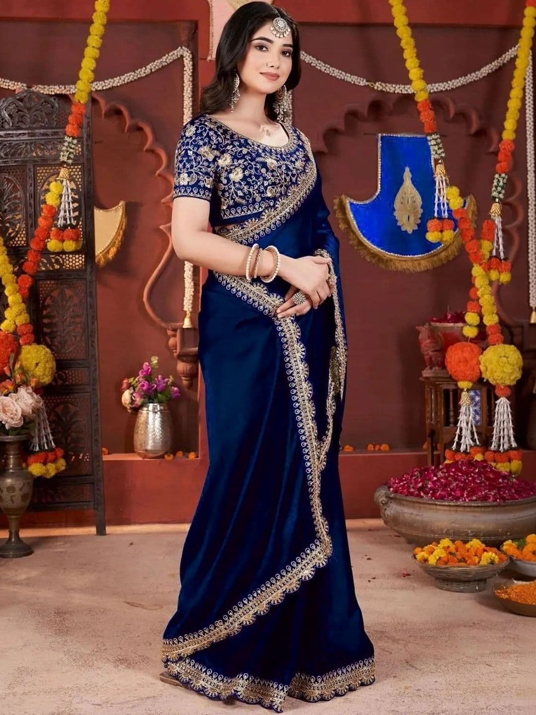 KALINI Floral Embroidered Silk Blend Heavy Work Saree thumbnail 3