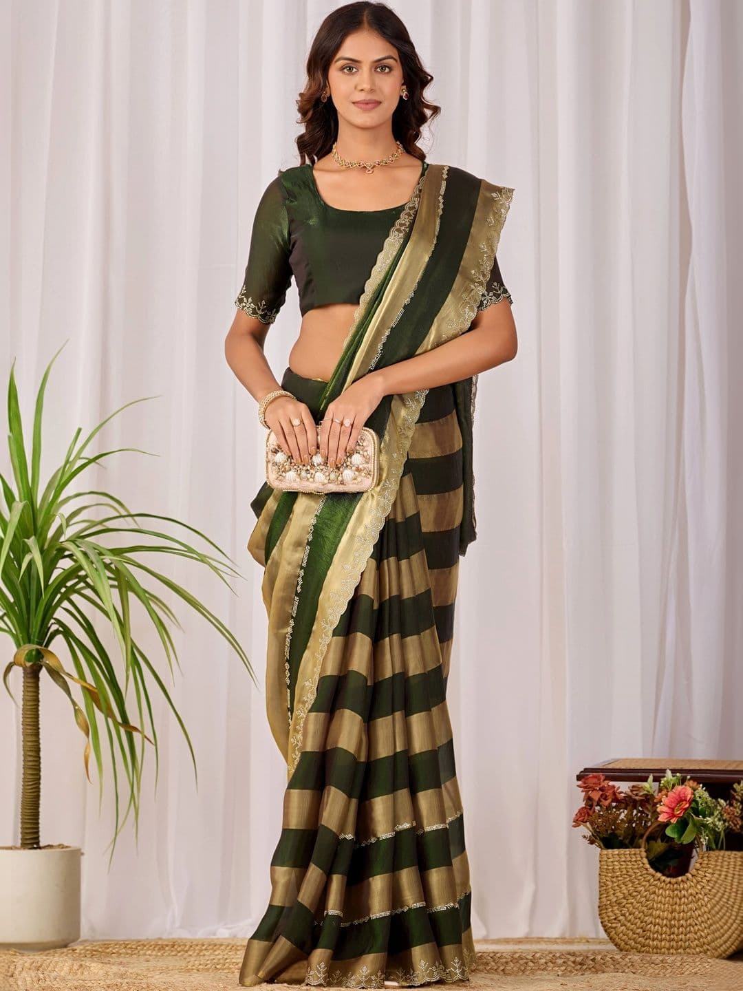 K 5 Fashion Striped Embroidered Satin Fusion Ikat Saree thumbnail 2