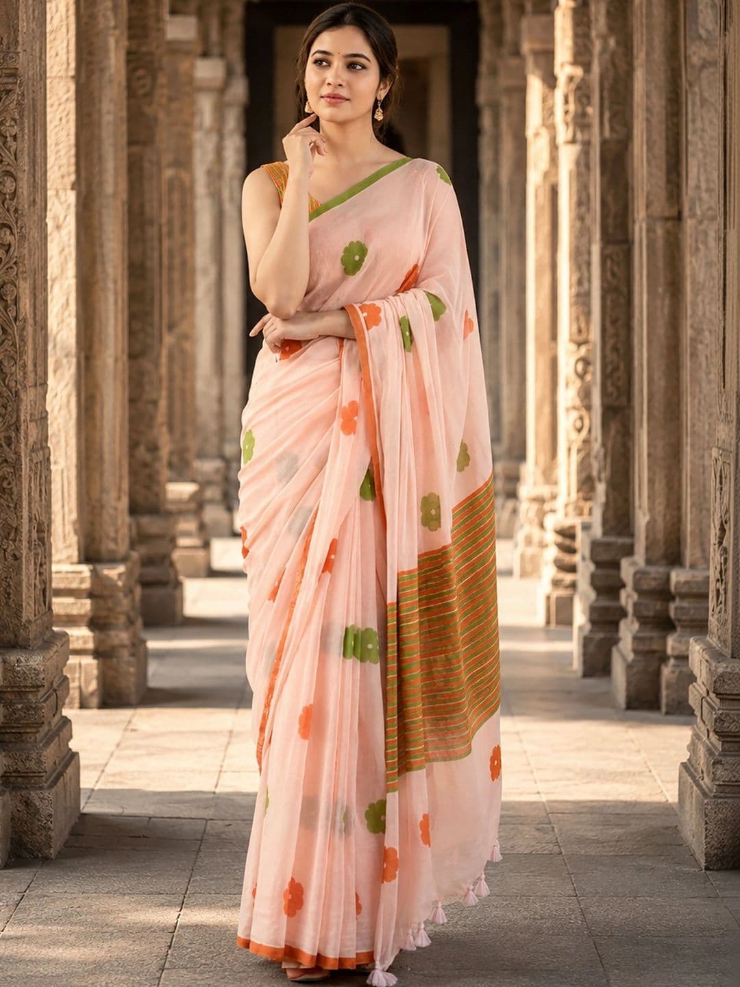 Mitera Floral Linen Blend Designer Block Print Saree thumbnail 6