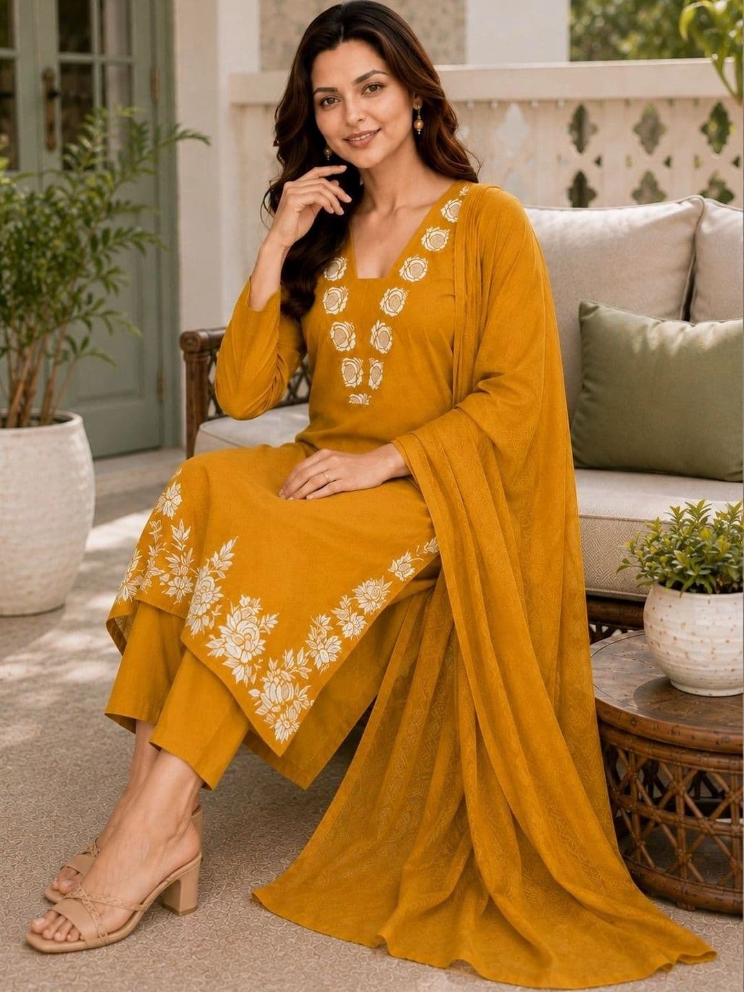 SZN Women Ethnic Motifs Embroidered Regular Thread Work Kurta with Trousers & With Dupatta thumbnail 6