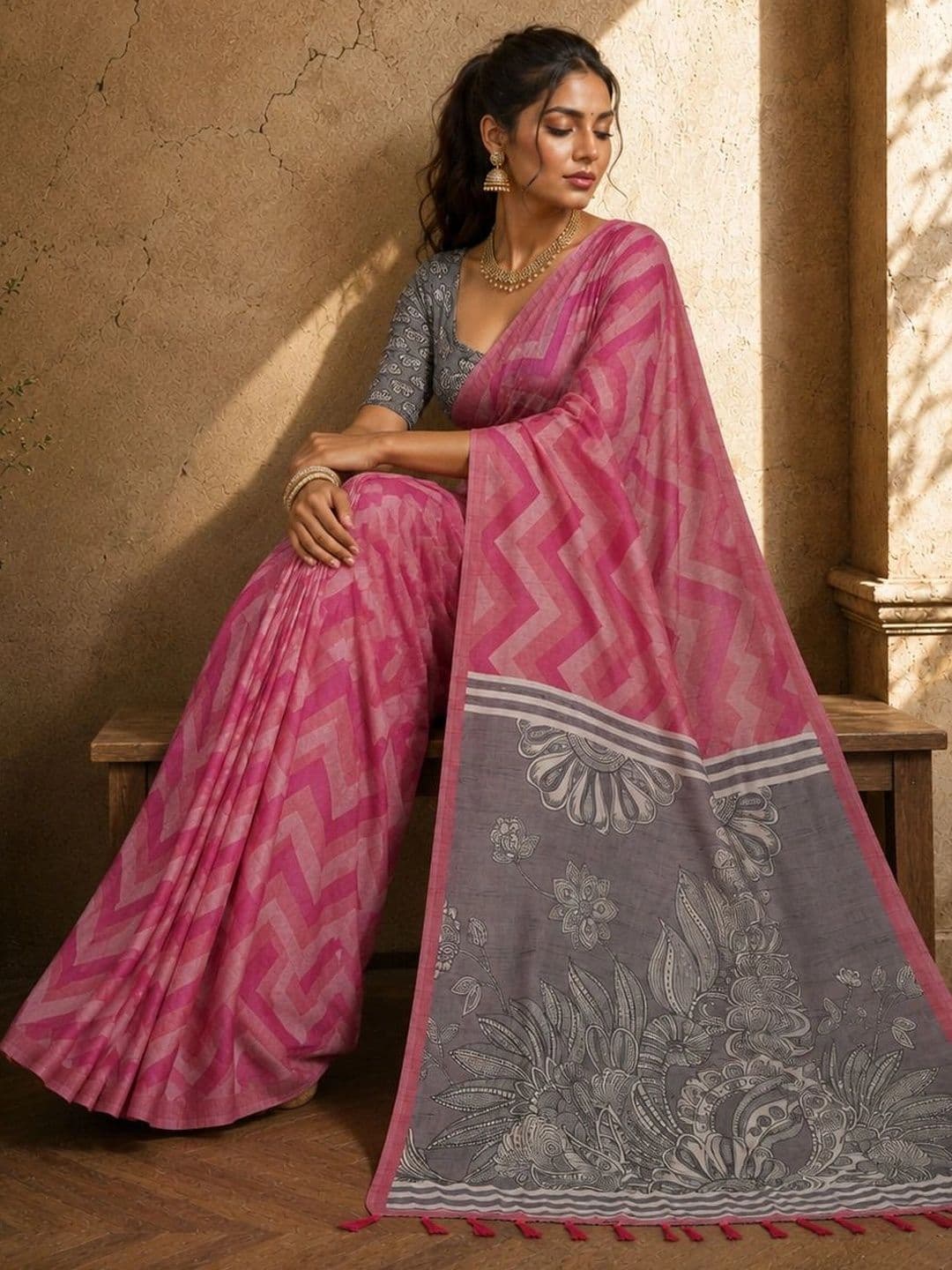 Durga Textile Women's Leheriya Silk Blend Leheriya Saree thumbnail 3