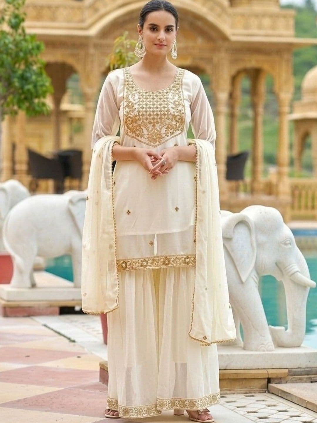 ANVERI TEXTILES Women Ethnic Motifs Embroidered Regular Kurta with Sharara & With Dupatta - view 1