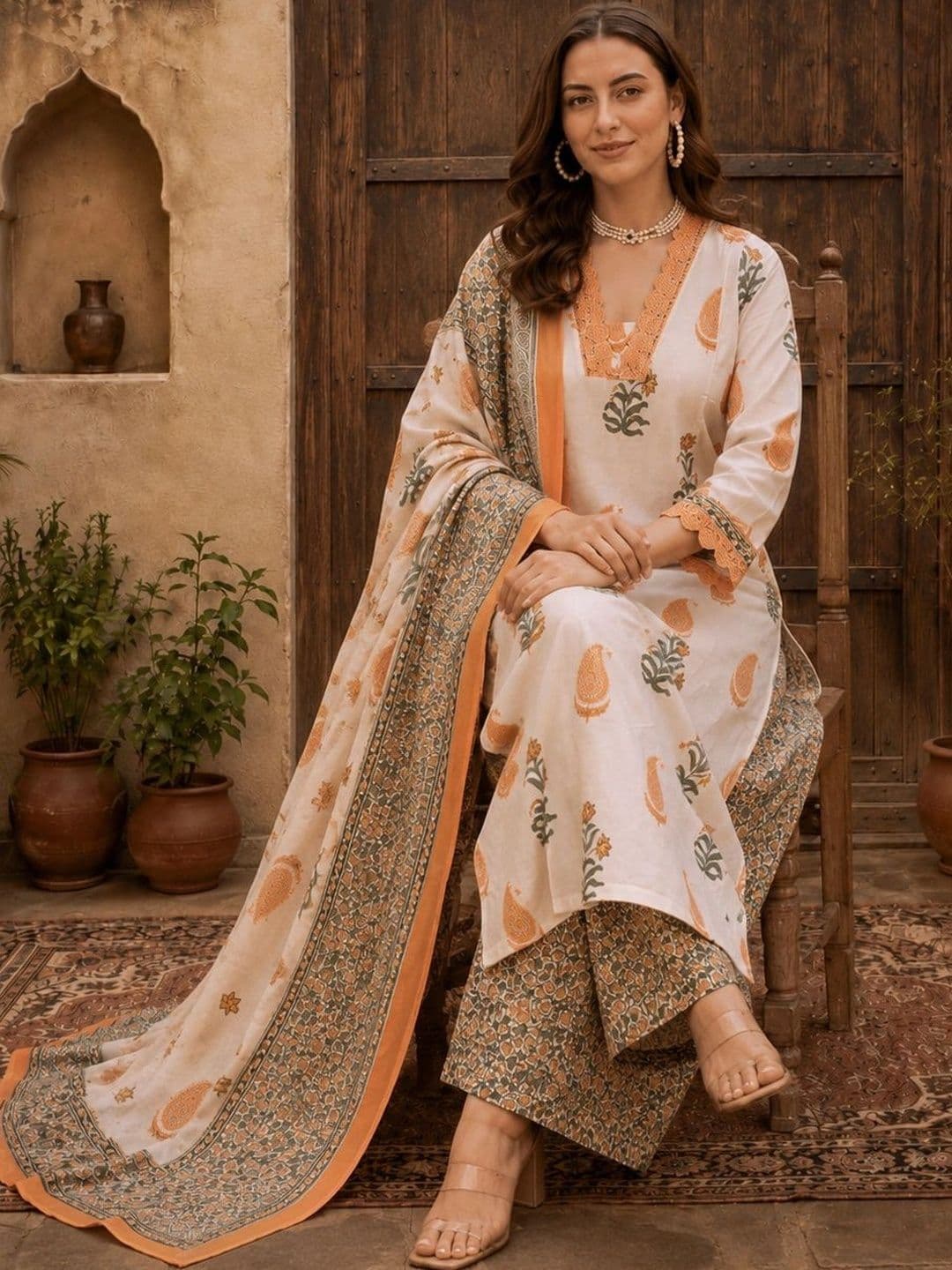 Sangria Women Ethnic Motifs Printed Regular Kurta with Palazzos & With Dupatta thumbnail 2