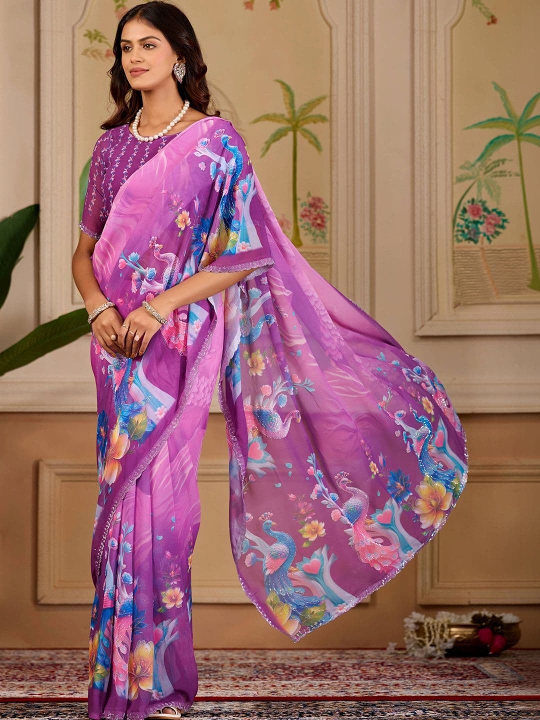 K 5 Fashion Floral Embroidered Pure Georgette Fusion Ikat Saree thumbnail 4