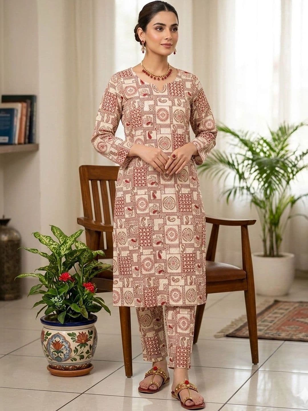 Khasmuda Attire Women Ethnic Motifs Printed Regular Pure Cotton Kurta with Trousers thumbnail 5