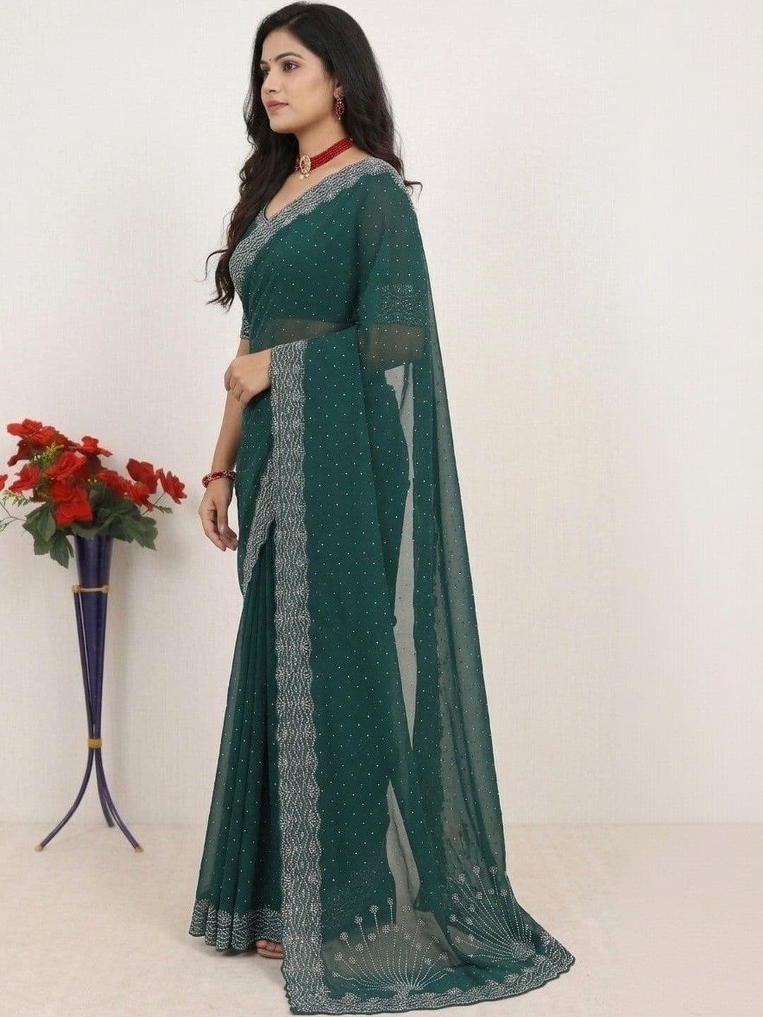 SmileyFashion Embellished Pure Georgette Designer Saree thumbnail 4