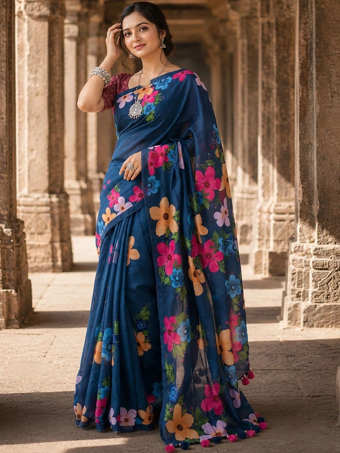 Mitera Floral Linen Blend Designer Block Print Saree thumbnail 4