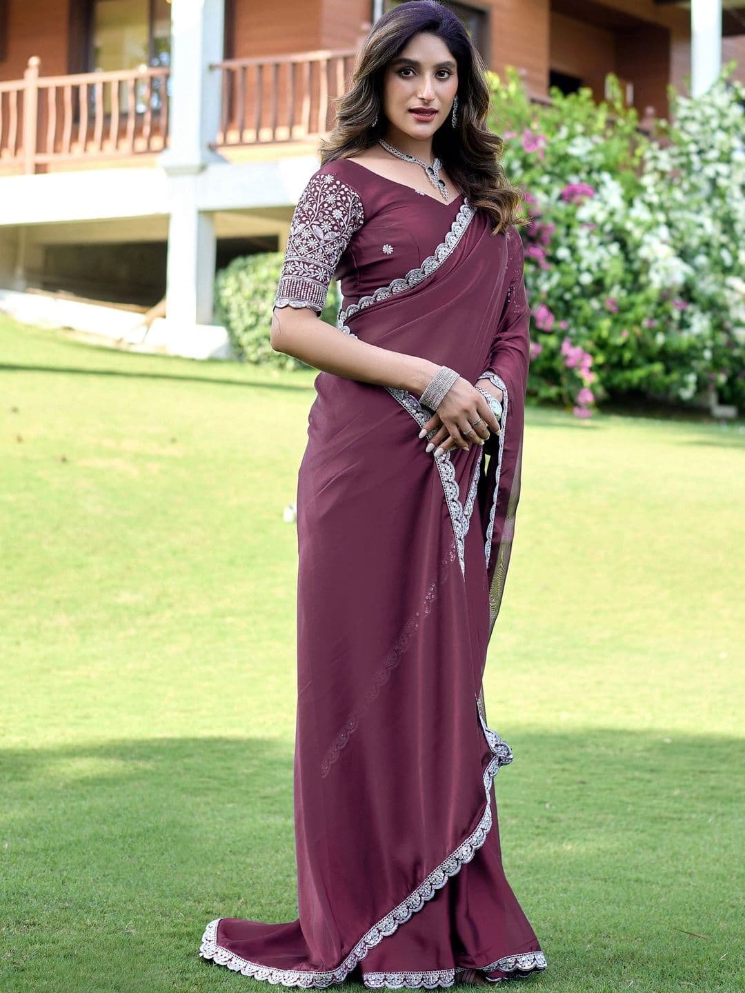 K 5 Fashion Ethnic Motifs Embroidered Pure Georgette Fusion Ikat Saree thumbnail 4