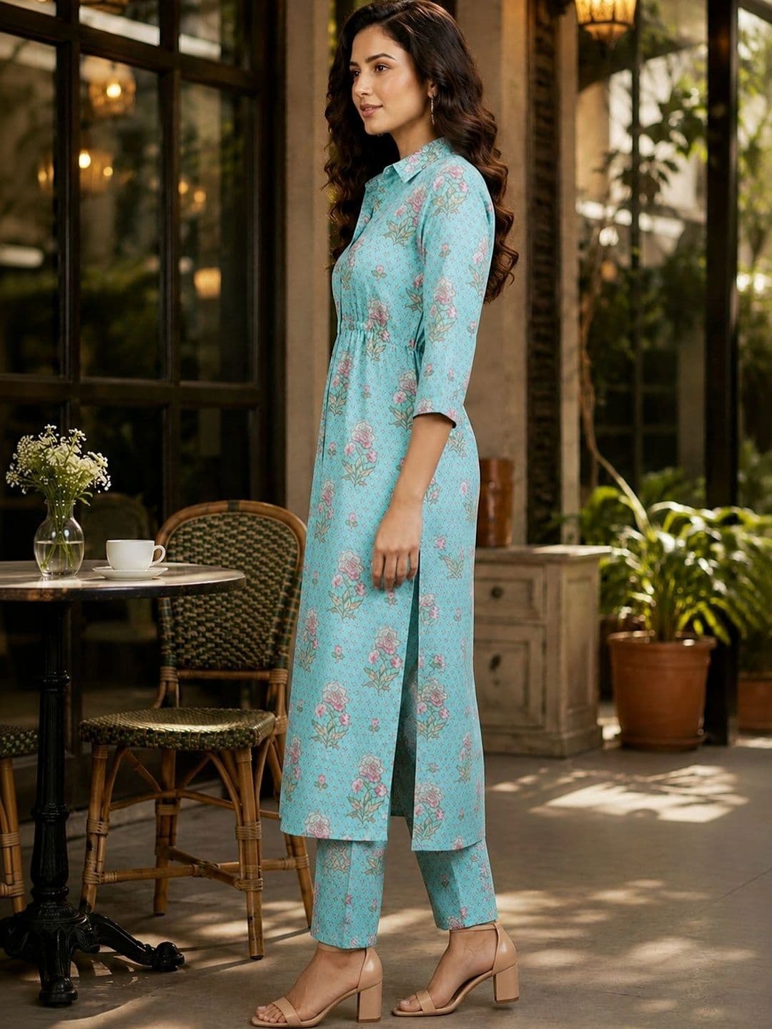 Bunai Women Floral Printed Regular Kurta with Trousers thumbnail 2