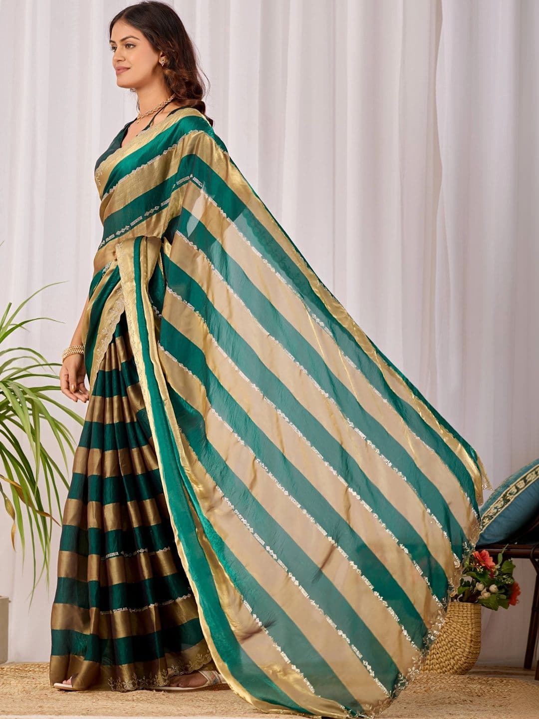 K 5 Fashion Ethnic Motifs Embroidered Satin Fusion Ikat Saree thumbnail 6
