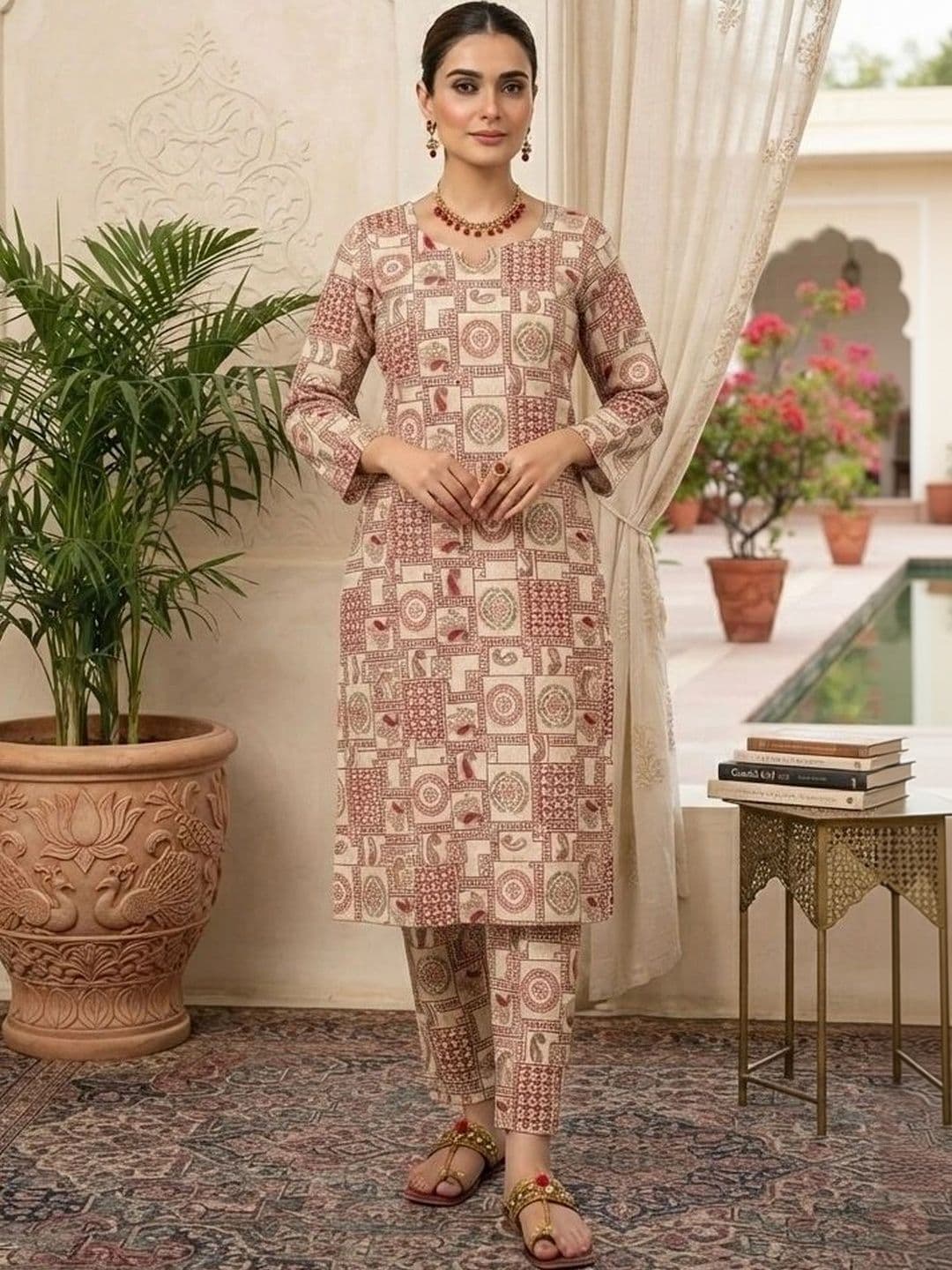 Khasmuda Attire Women Ethnic Motifs Printed Regular Pure Cotton Kurta with Trousers - view 1