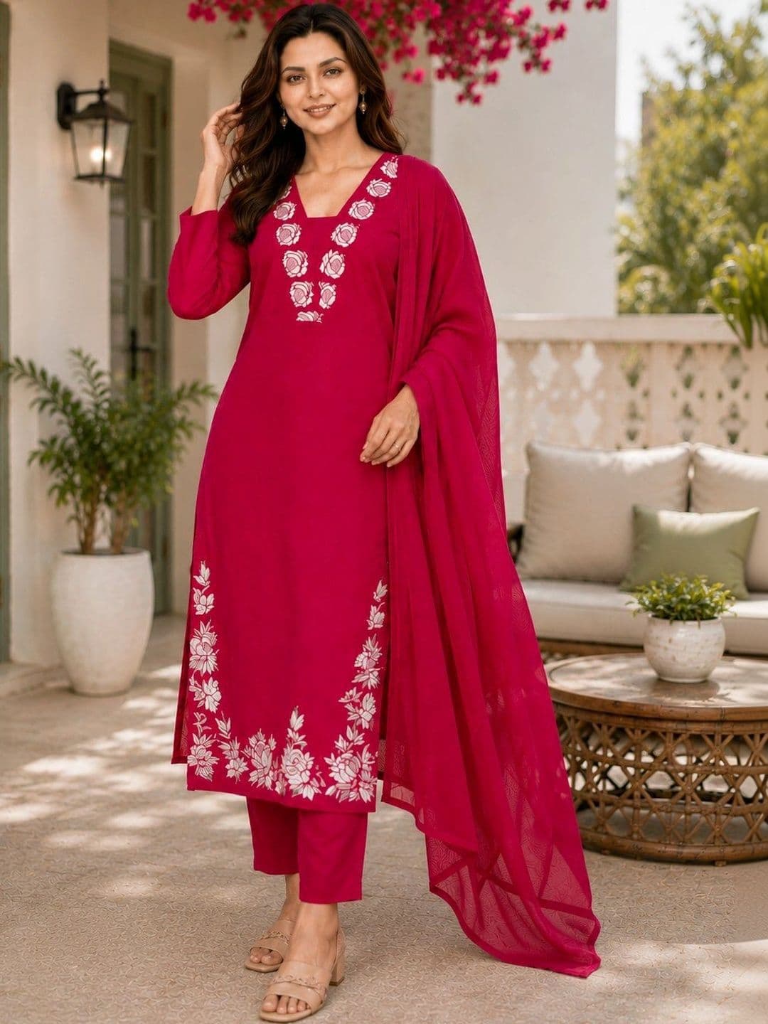 SZN Women Floral Embroidered Regular Thread Work Kurta with Trousers & With Dupatta thumbnail 4