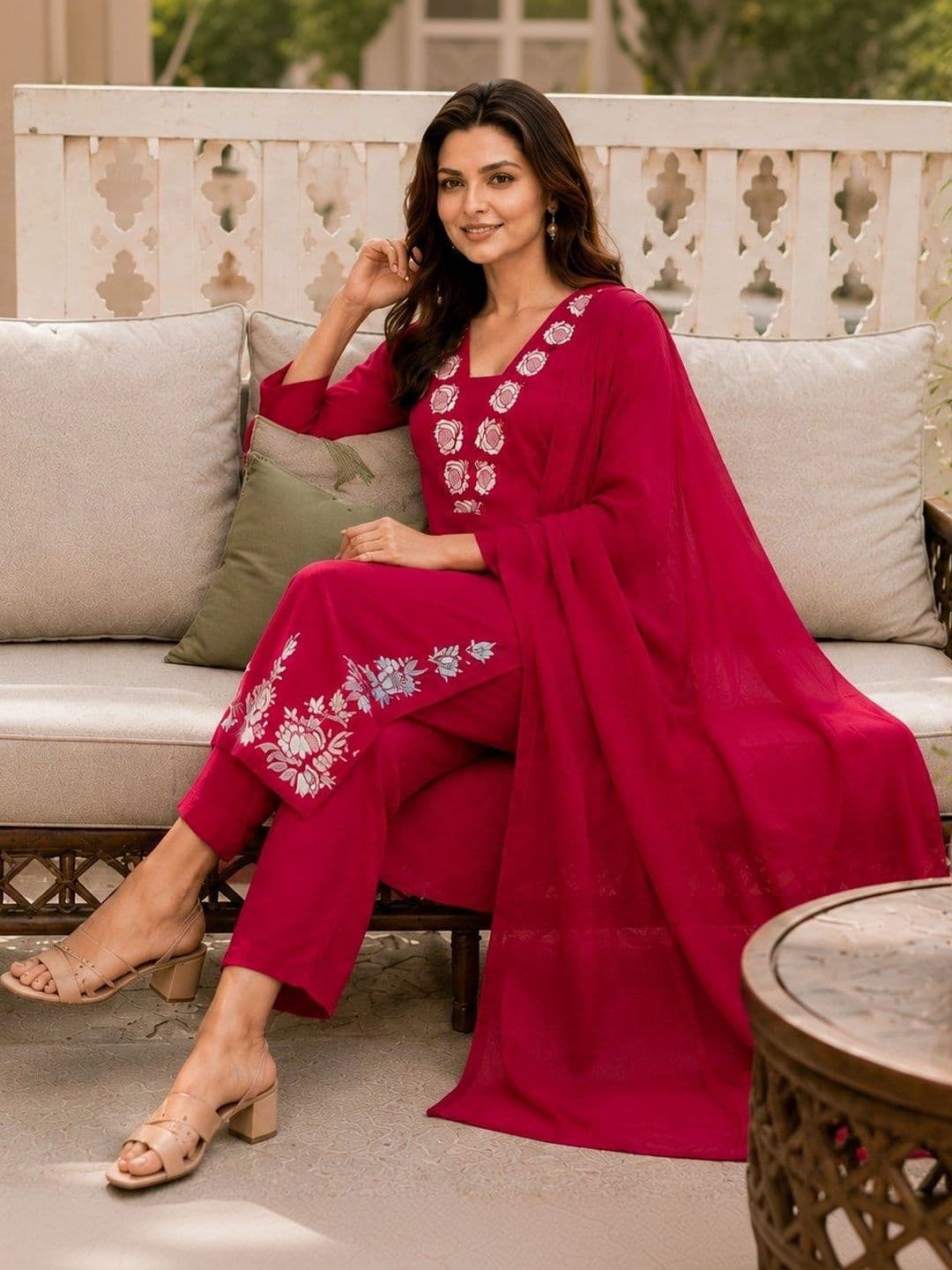 SZN Women Floral Embroidered Regular Thread Work Kurta with Trousers & With Dupatta thumbnail 5
