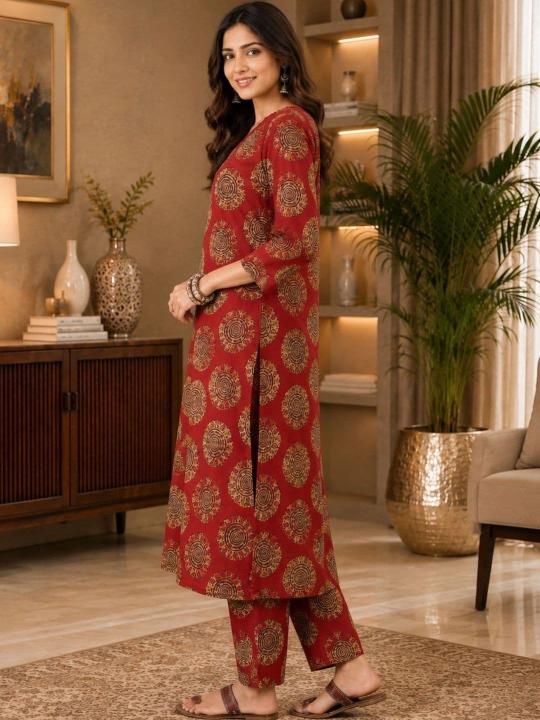 Sangria Women Ethnic Motifs Printed Regular Pure Cotton Kurta with Trousers thumbnail 5