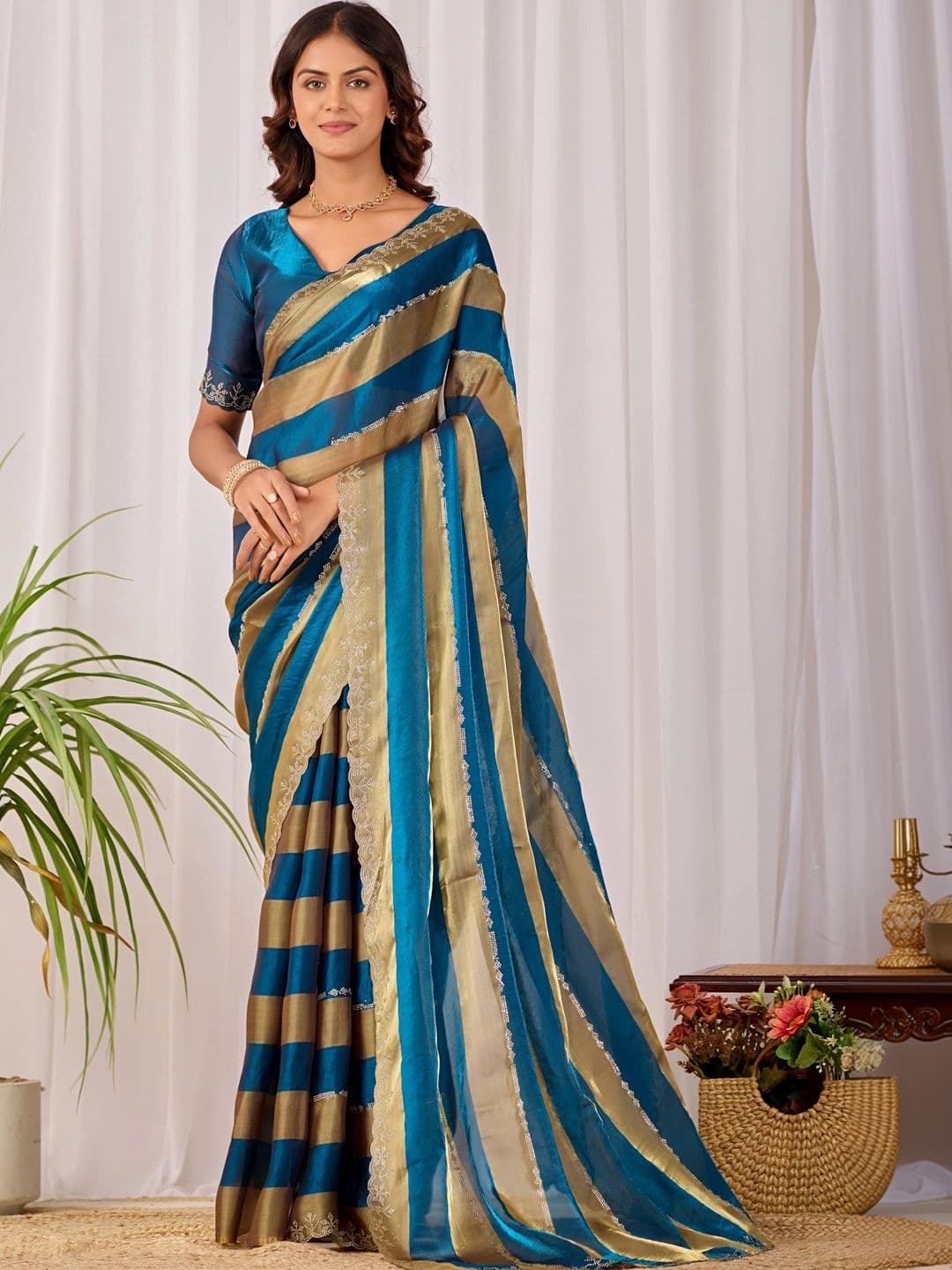 K 5 Fashion Striped Zari Satin Fusion Ikat Saree - view 1