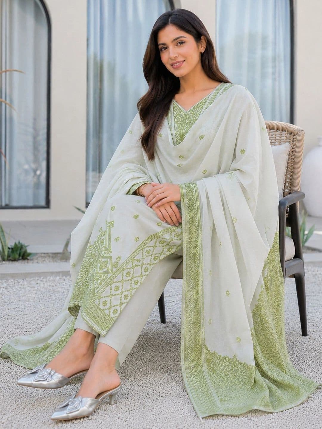 evadesignerstudio Women Ethnic Embroidered Pure Cotton Kurta with Trousers & With thumbnail 4