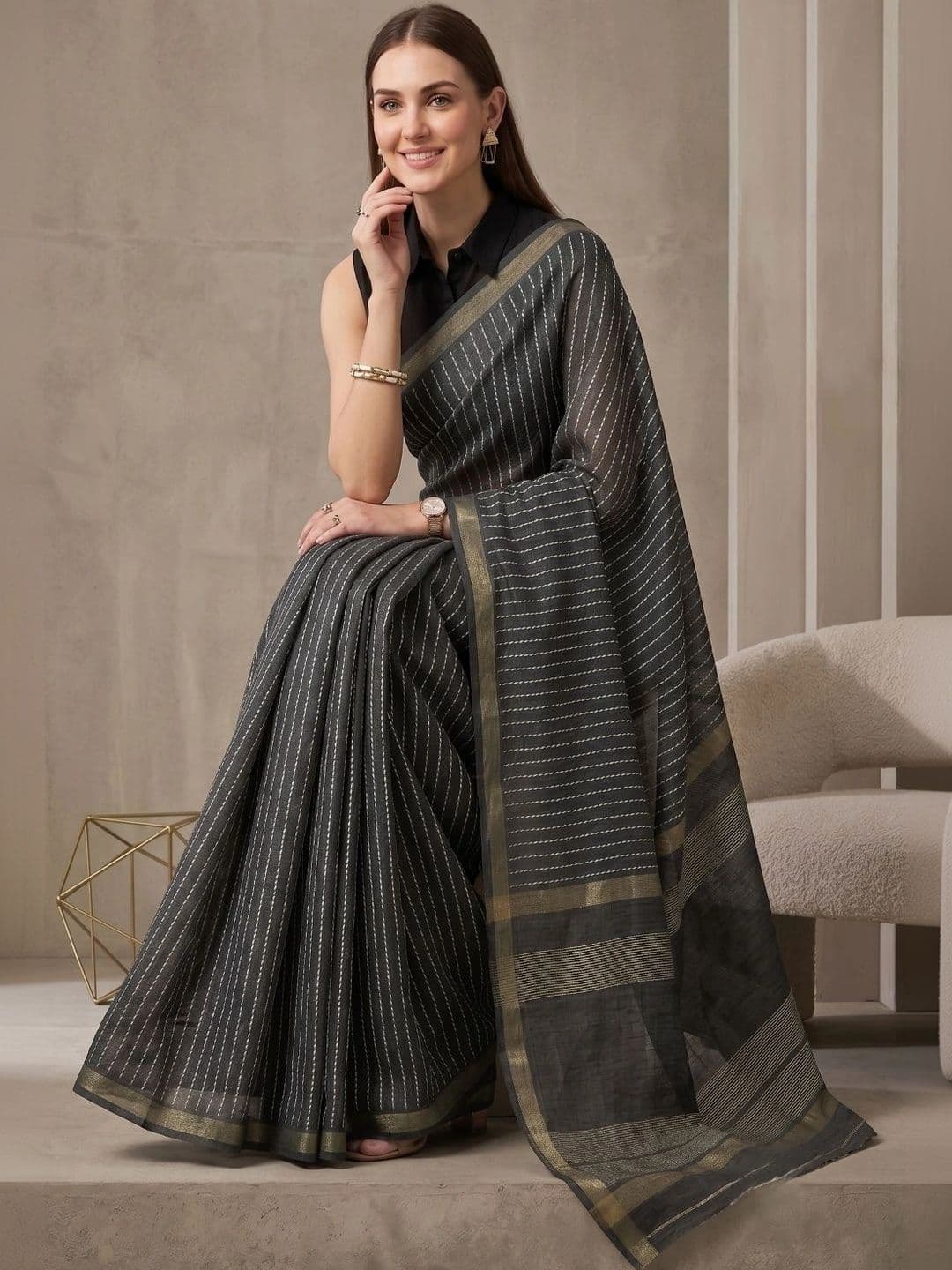 BORAD FASHION  Women Striped Designer Chanderi Saree thumbnail 4