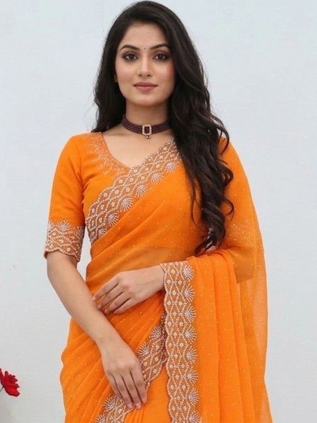 SmileyFashion Embellished Embroidered Pure Georgette Designer Saree thumbnail 2