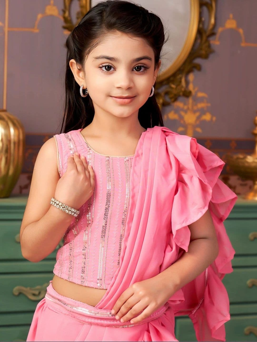 BAESD Girls Embellished Sequinned Ready to Wear Lehenga & thumbnail 4