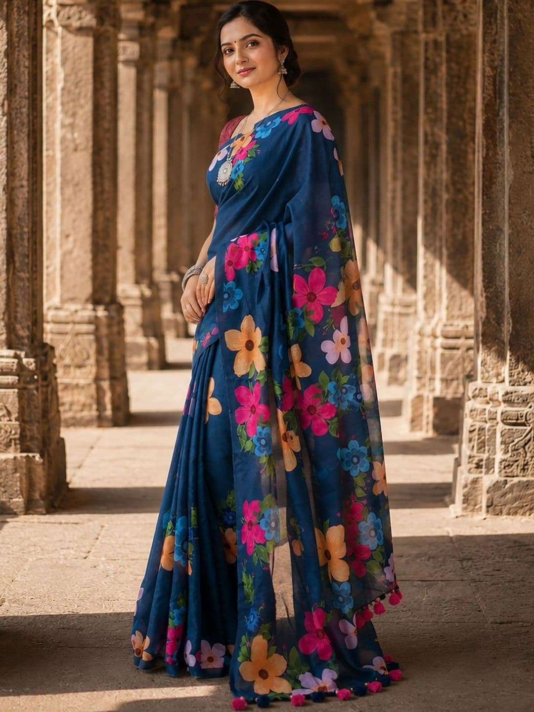 Mitera Floral Linen Blend Designer Block Print Saree thumbnail 5