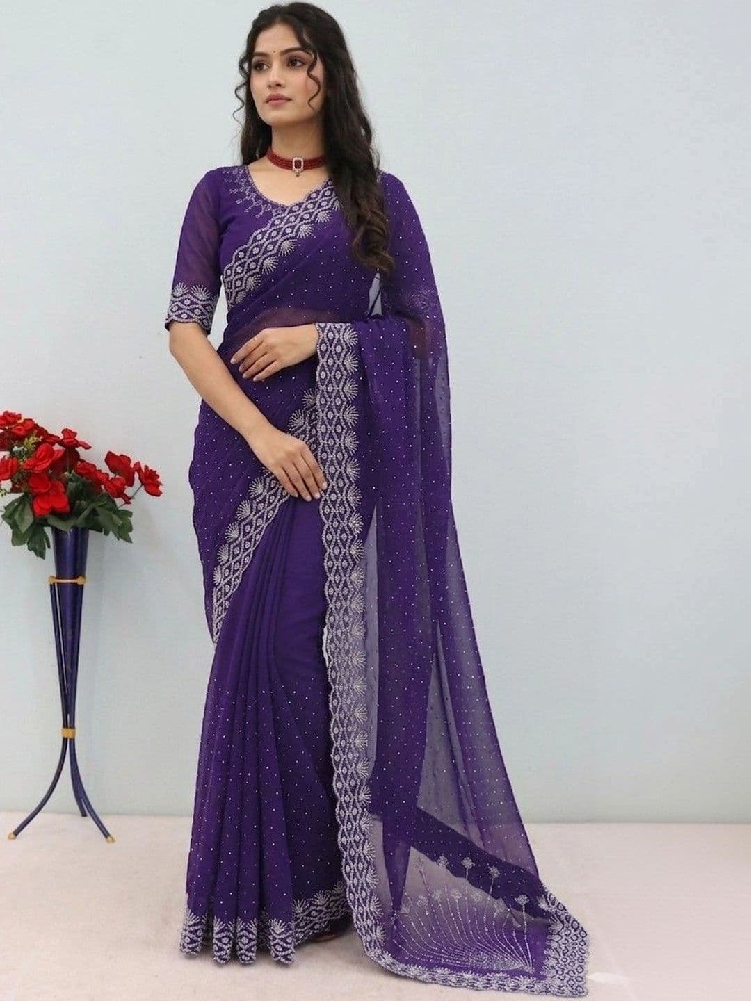 SmileyFashion Embellished Embroidered Pure Georgette Designer Saree - view 1