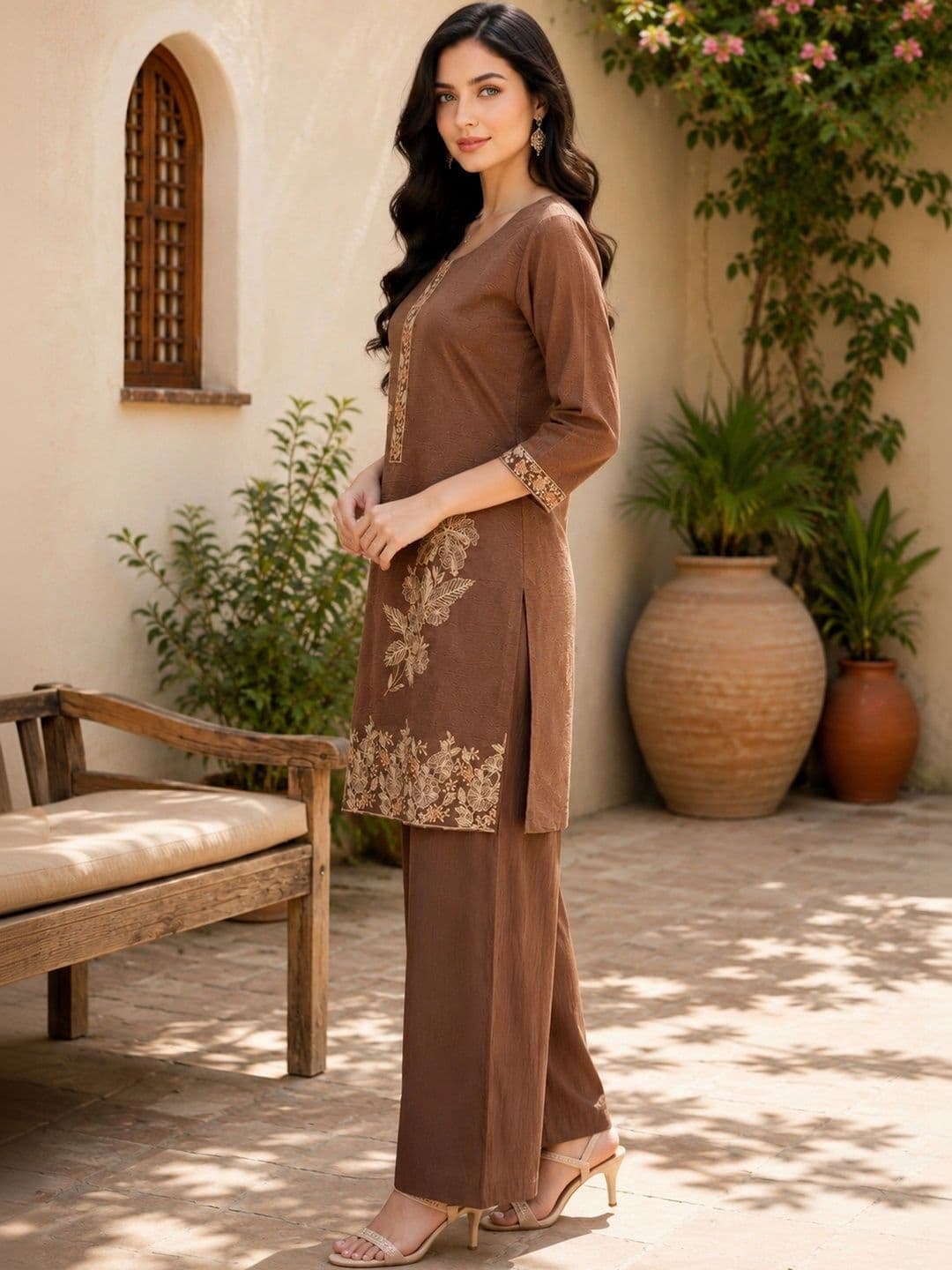 Moda Rapido Organic Cotton Embroidered Tunic with Palazzos thumbnail 3
