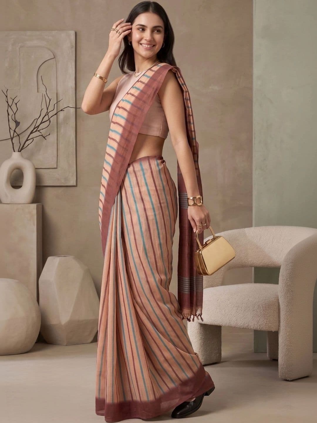 BORAD FASHION Striped Designer Chanderi Saree thumbnail 3