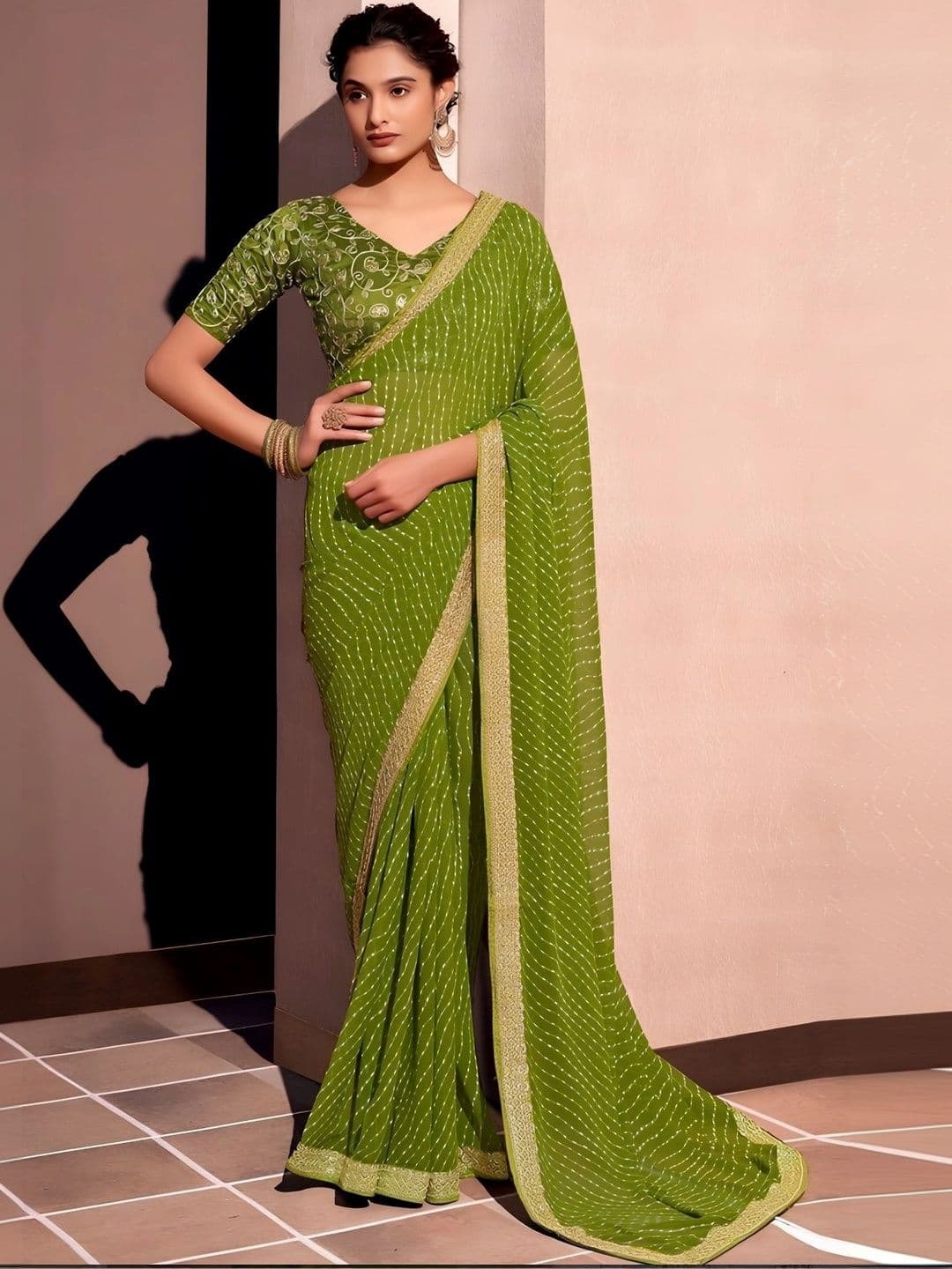 RENBRIZA Woven Design Embroidered Poly Georgette Saree - view 1