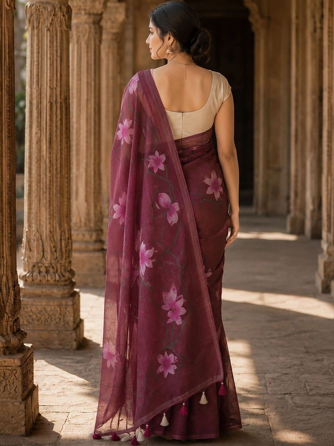 Mitera Floral Linen Blend Designer Block Print Saree thumbnail 3