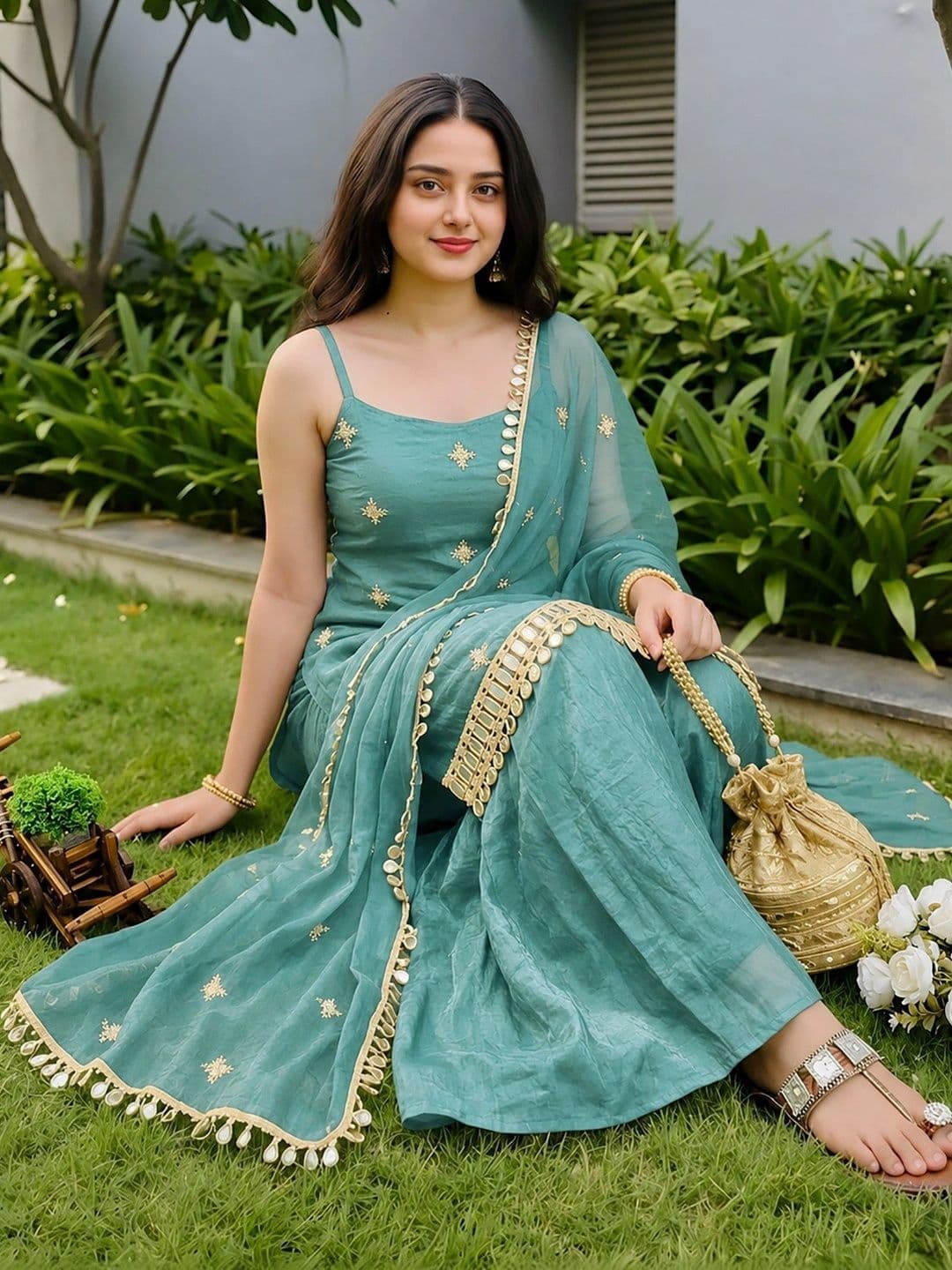 evadesignerstudio Women Ethnic Motifs Embroidered Regular Gotta Patti Kurti with Sharara & With Dupatta thumbnail 4
