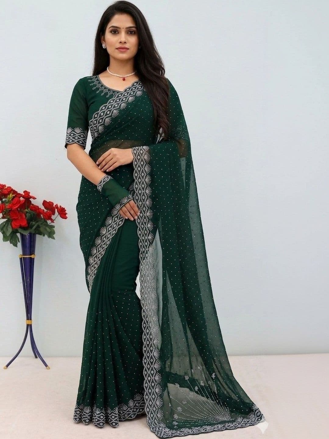 SmileyFashion Embellished Embroidered Pure Georgette Designer Saree - view 1
