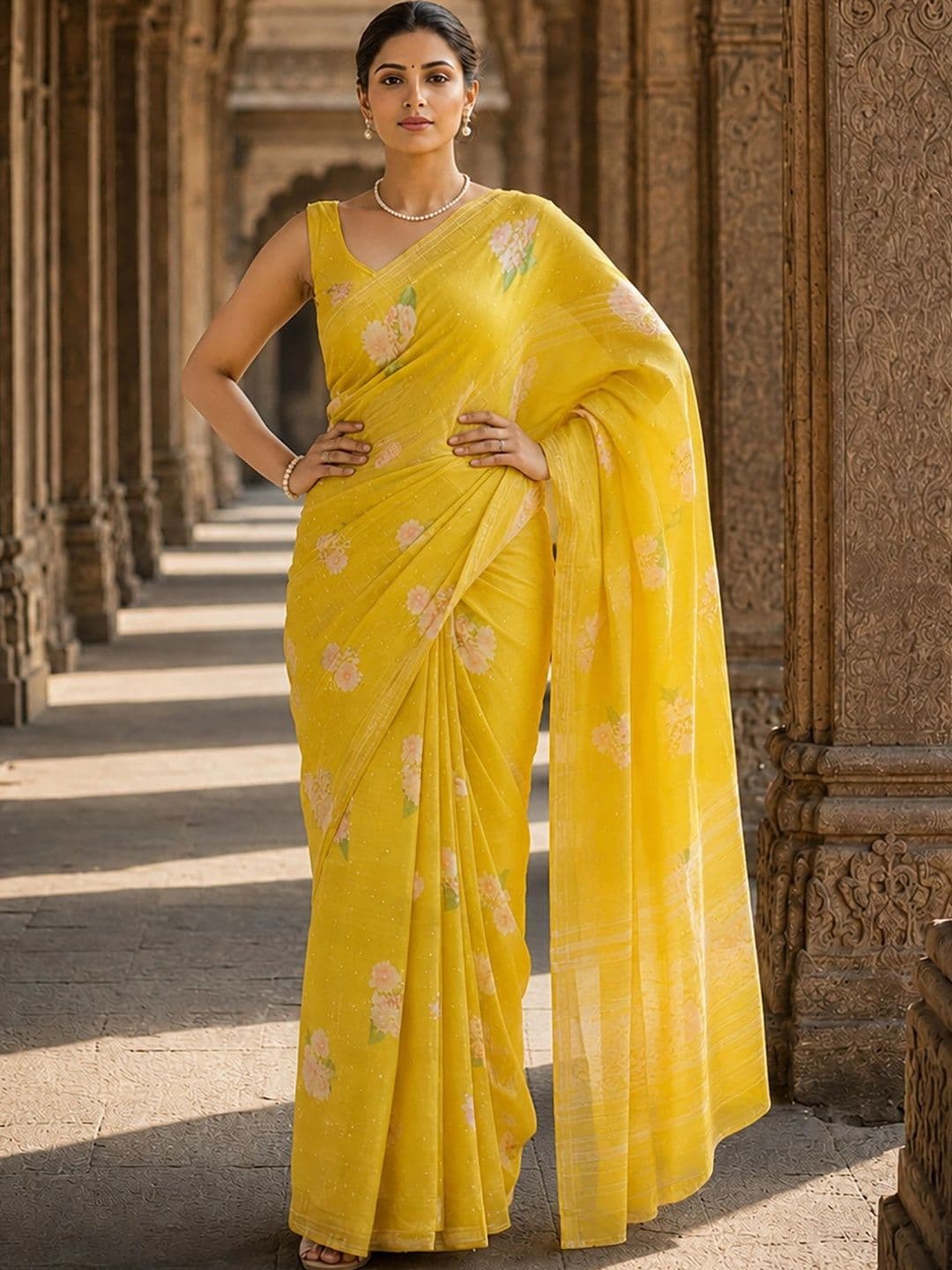 Mitera Floral Linen Blend Designer Block Print Saree thumbnail 2