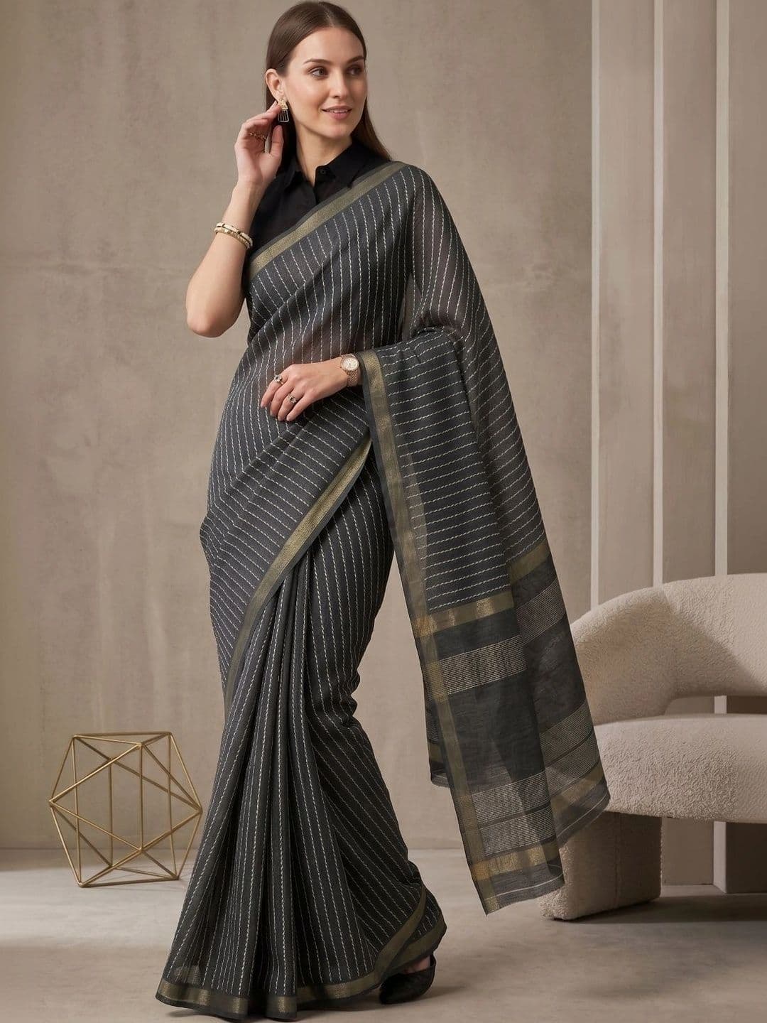 BORAD FASHION  Women Striped Designer Chanderi Saree thumbnail 3