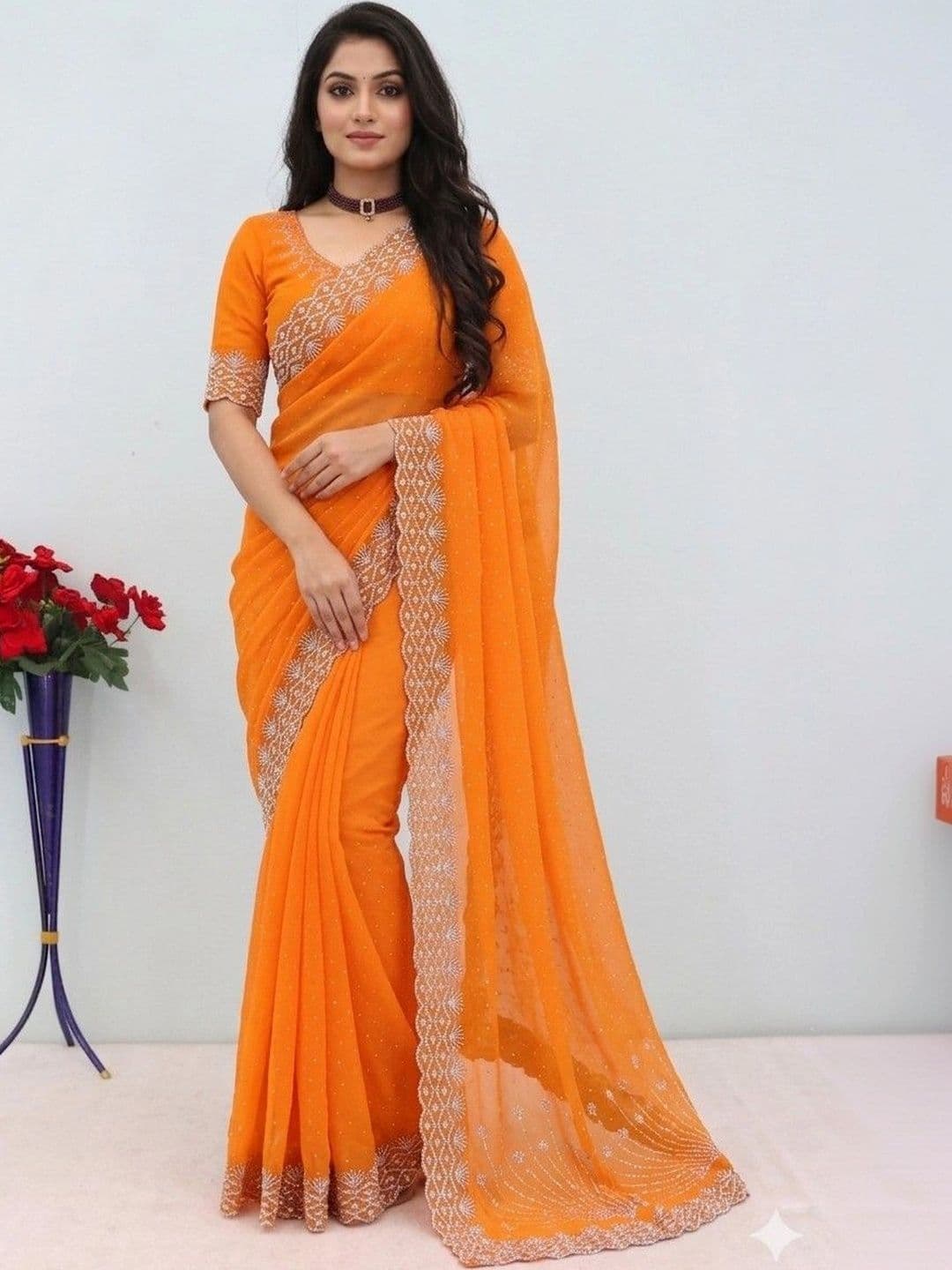 SmileyFashion Embellished Embroidered Pure Georgette Designer Saree - view 1