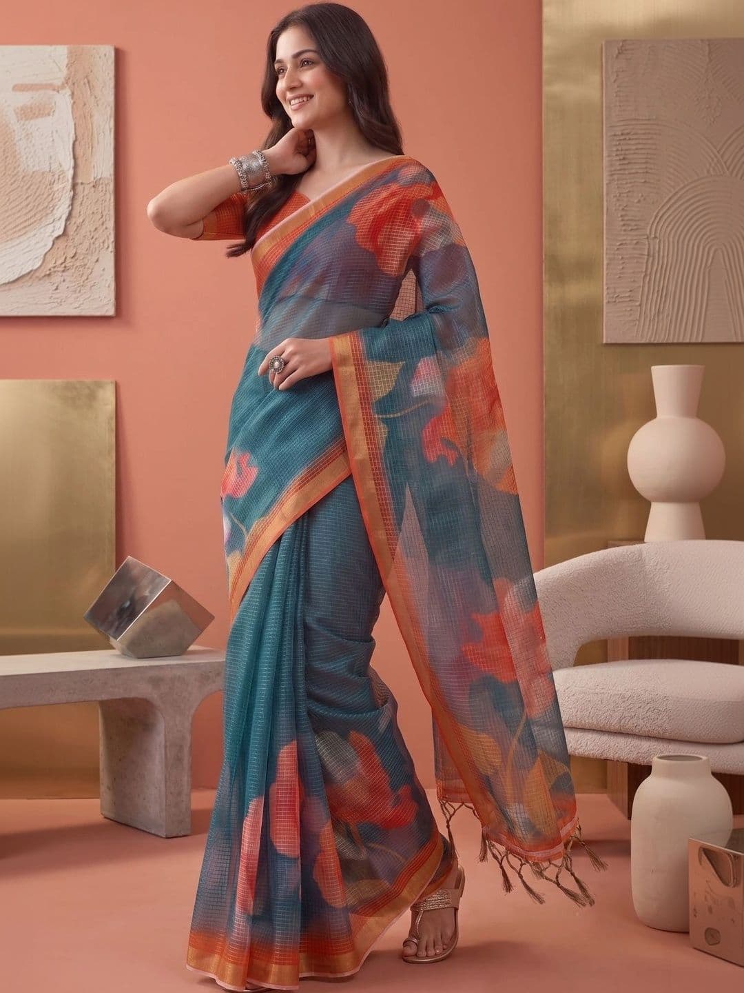 BORAD FASHION Floral Designer Chanderi Saree thumbnail 2