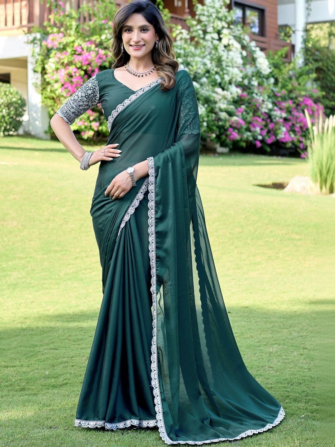 K 5 Fashion Ethnic Motifs Embroidered Pure Georgette Fusion Ikat Saree - view 1