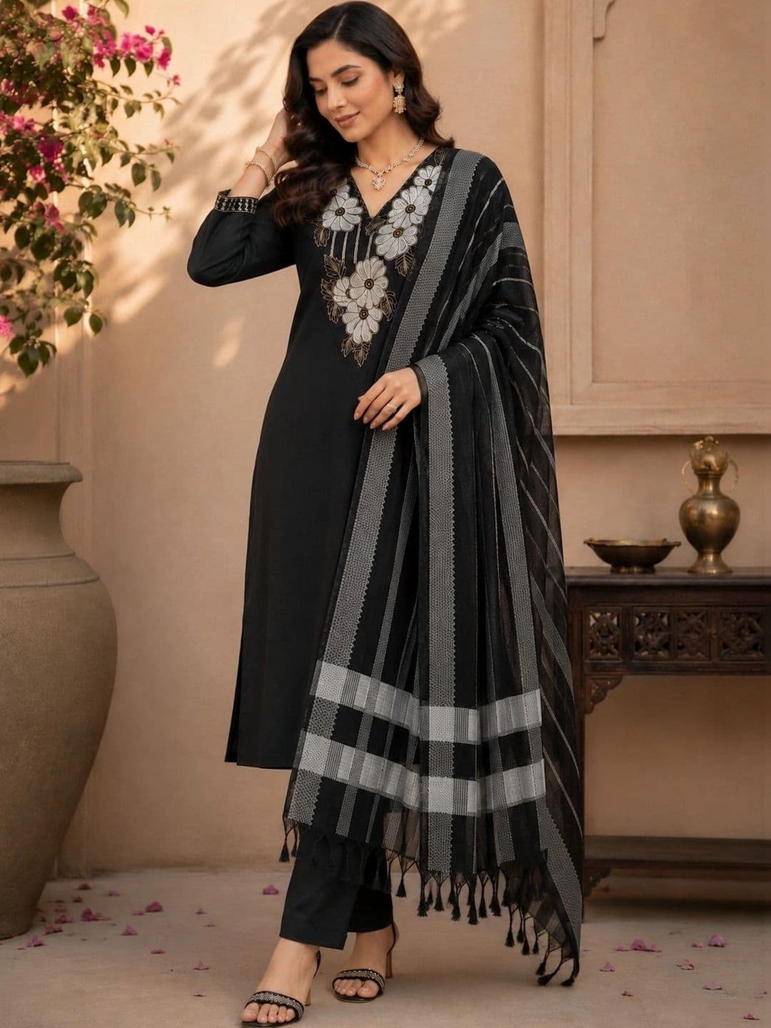 BILANZA Women Floral Embroidered Regular Thread Work Kurta with Trousers & With Dupatta - view 1