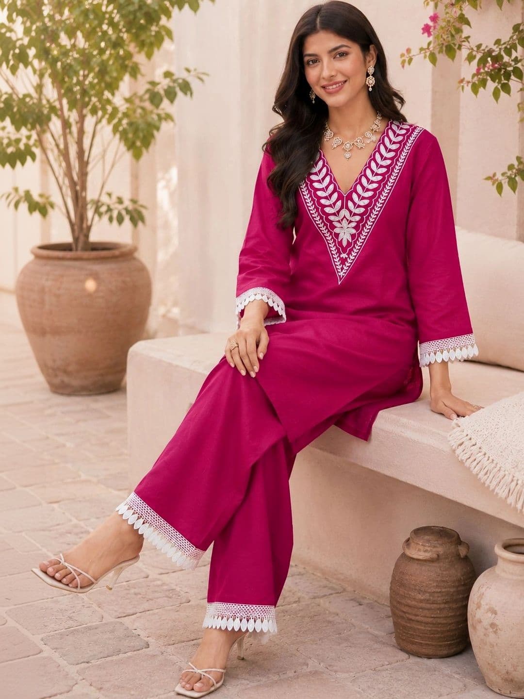 BILANZA Women Ethnic Motifs Embroidered Regular Thread Work Kurta with Palazzos thumbnail 3